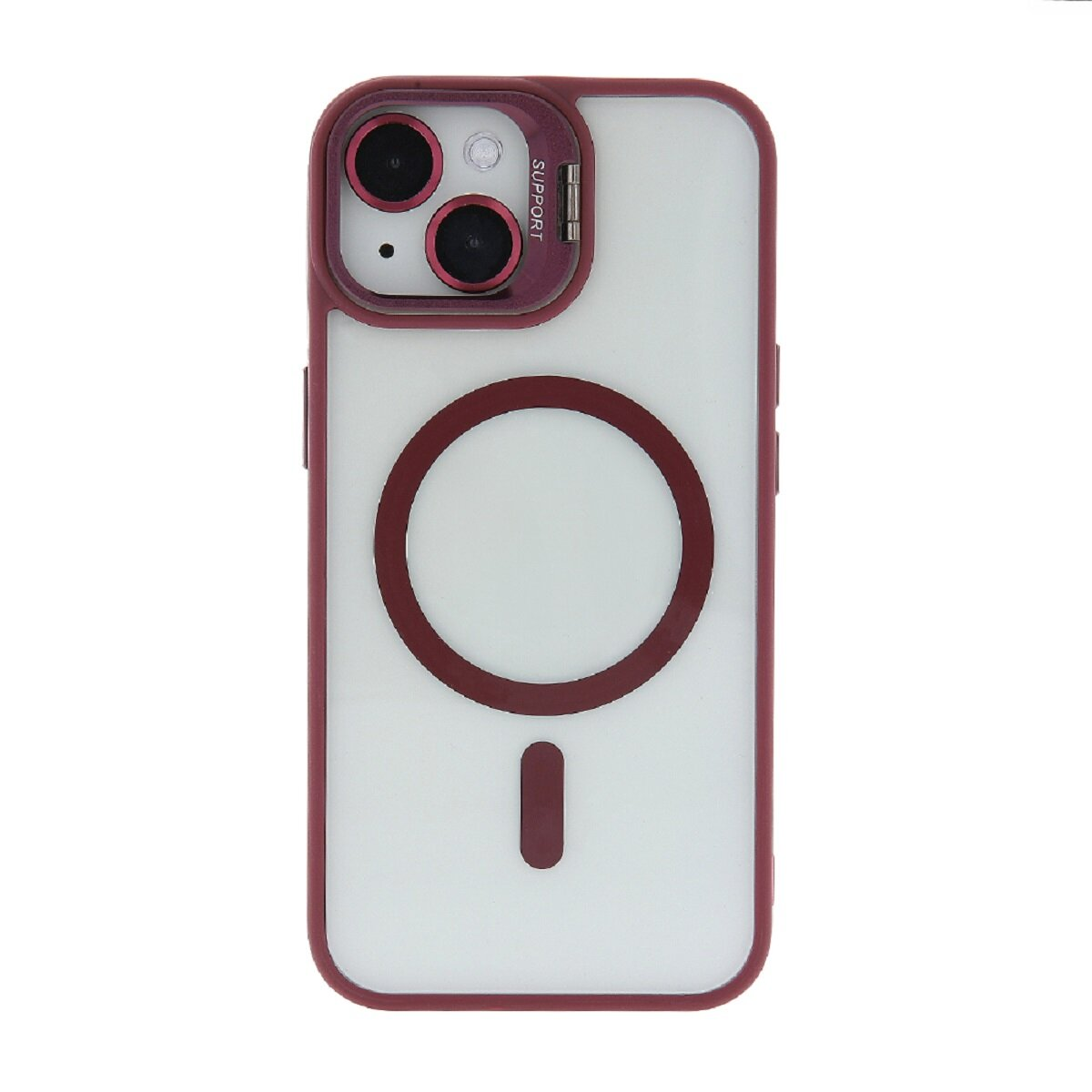 Una custodia per smartphone con cornice bordeaux e retro trasparente, con un design circolare.