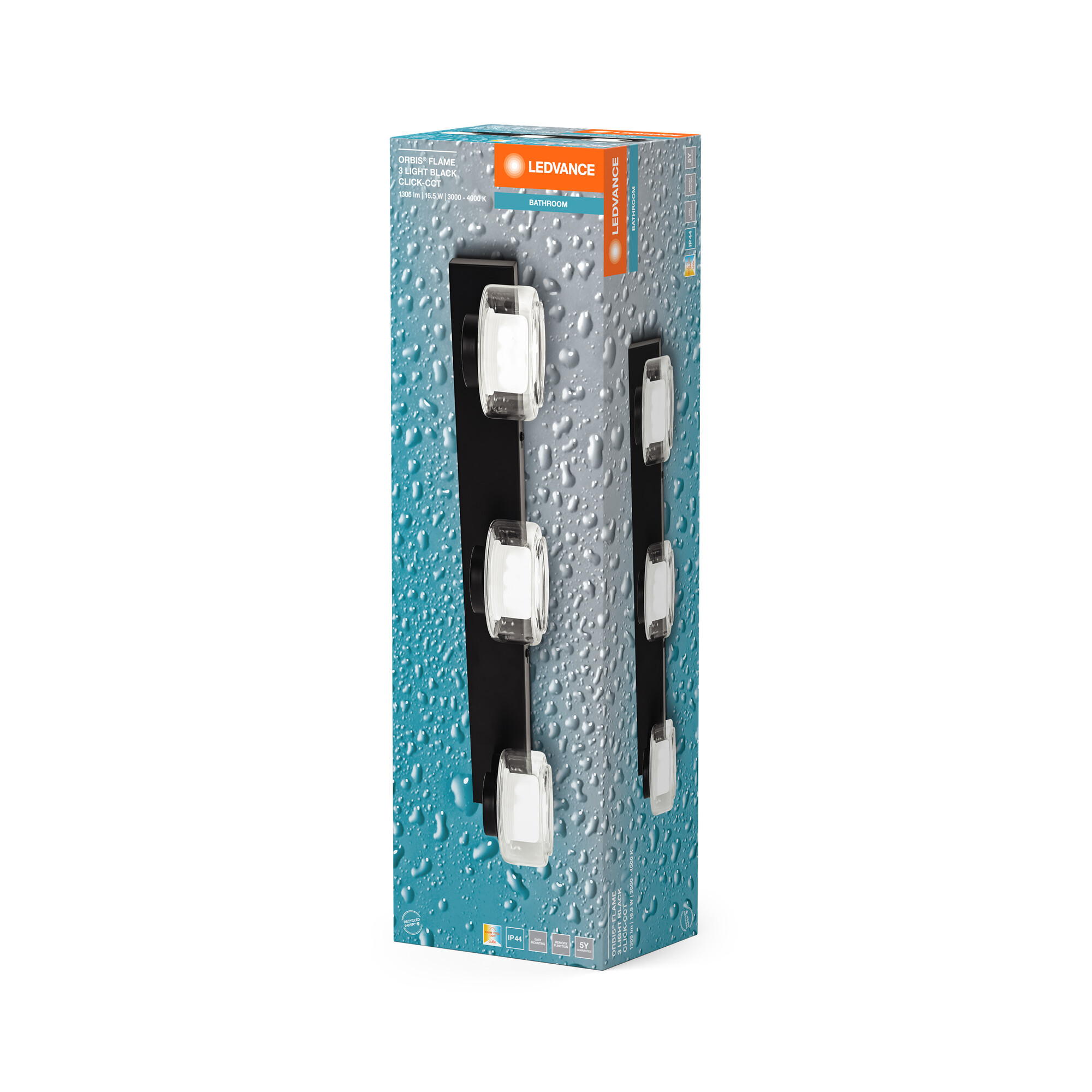 LEDVANCE Badezimmerlampenbox. Schwarz, Weiß und Blau. Weißer Hintergrund.