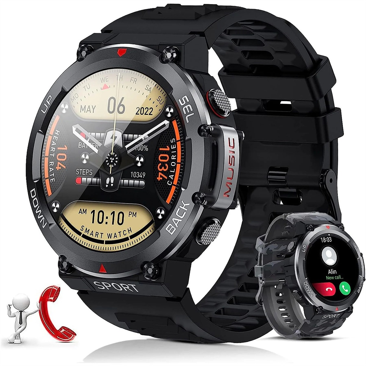 Eine schwarze Smartwatch mit rundem Bildschirm, der verschiedene Daten anzeigt, und eine kleinere daneben.