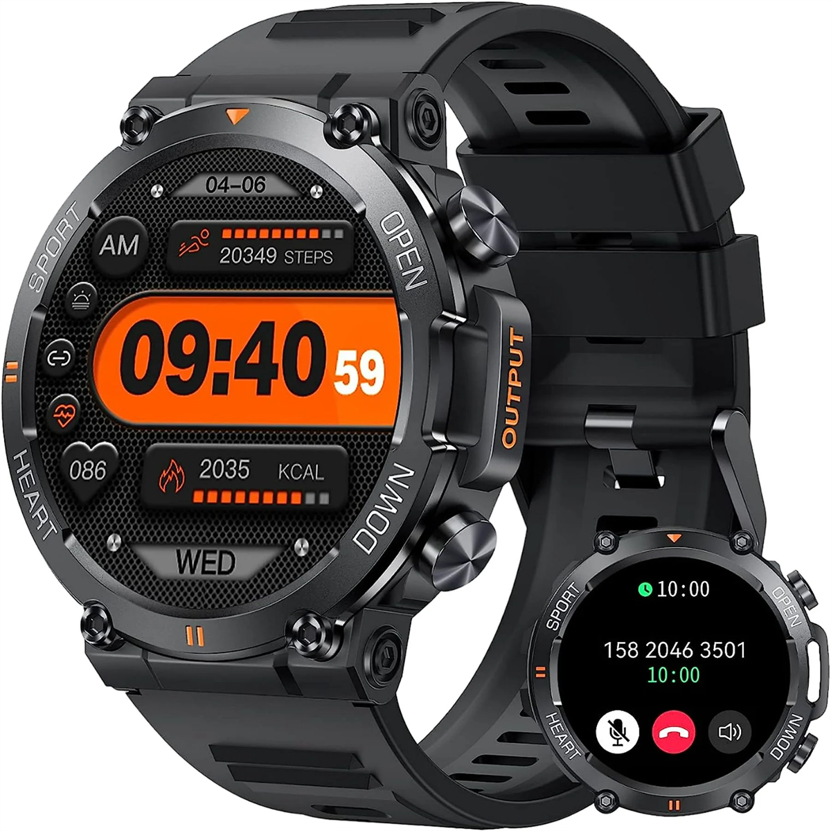 Schwarze Smartwatch mit rundem Zifferblatt. Zeigt Zeit, Schritte, Herzfrequenz und Kalorien an.