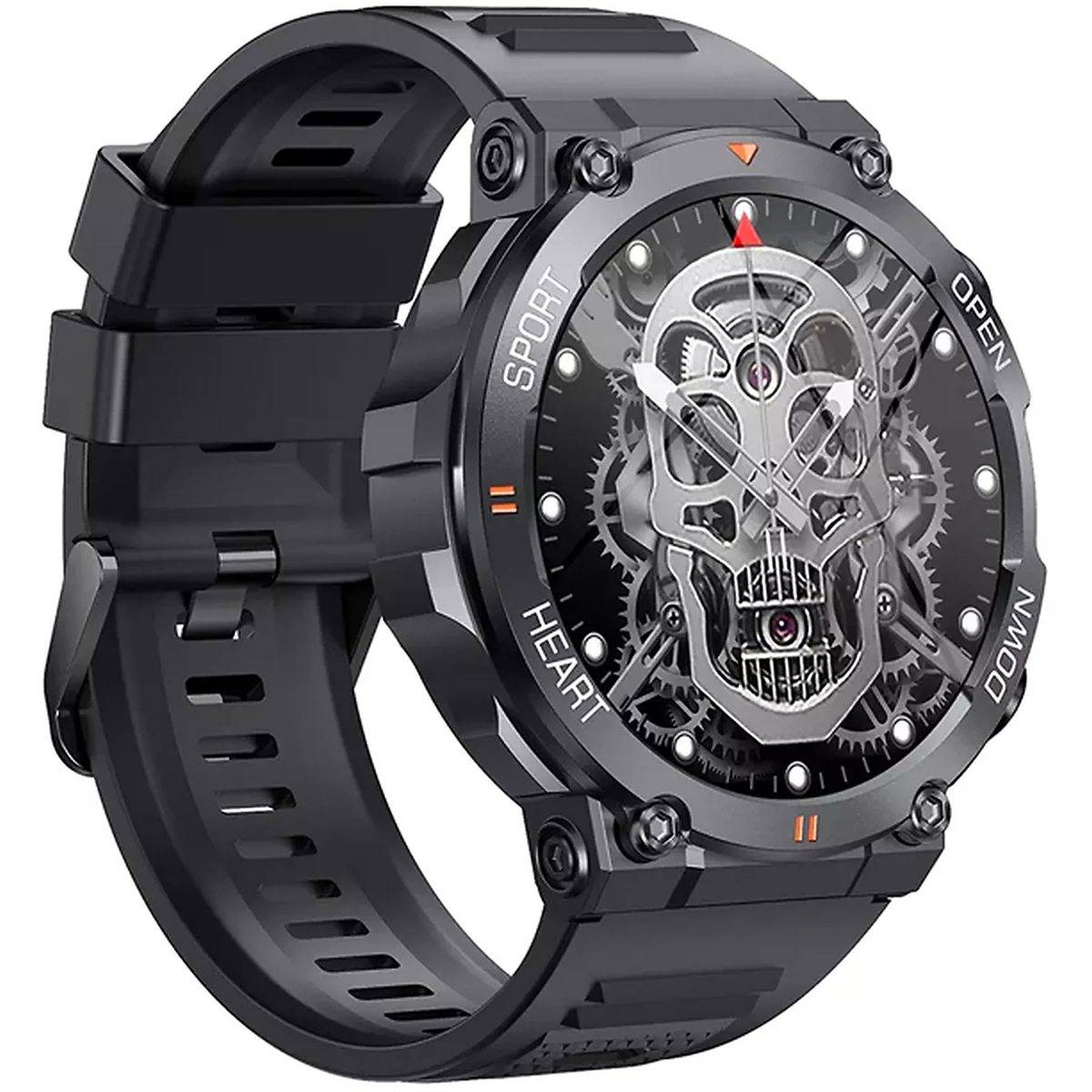 Schwarze Smartwatch mit Totenkopf-Design, mit schwarzem Armband.