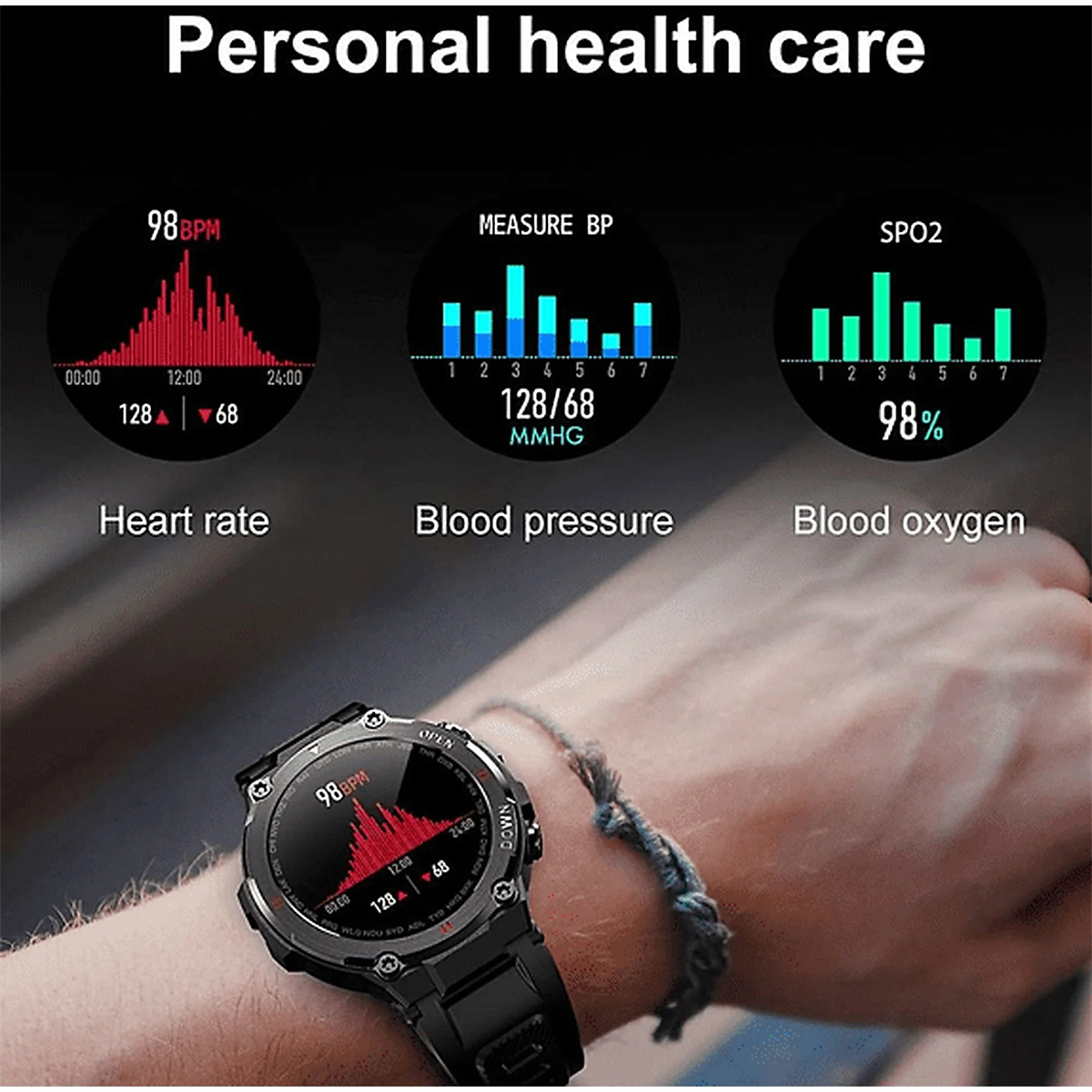 Smartwatch mit Herzfrequenz, Blutdruck und Blutsauerstoffwerten, mit einem Handgelenk, das die Uhr trägt.