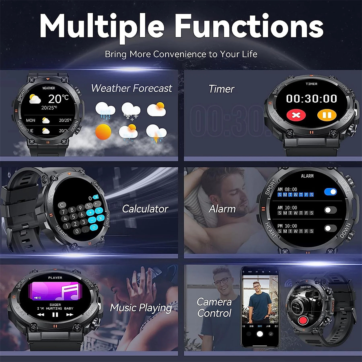 Smartwatch mit mehreren Funktionen: Wetter, Timer, Rechner, Wecker, Musikwiedergabe und Kamerasteuerung.