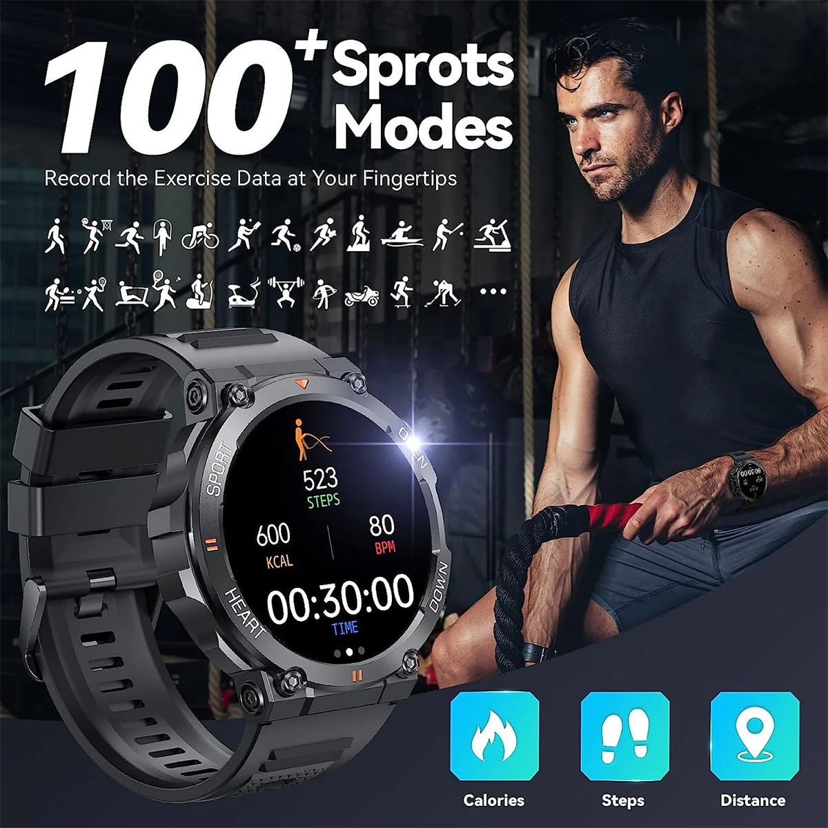 Eine Smartwatch zeigt Statistiken an, mit einem Mann, der trainiert, und Aktivitätssymbolen.