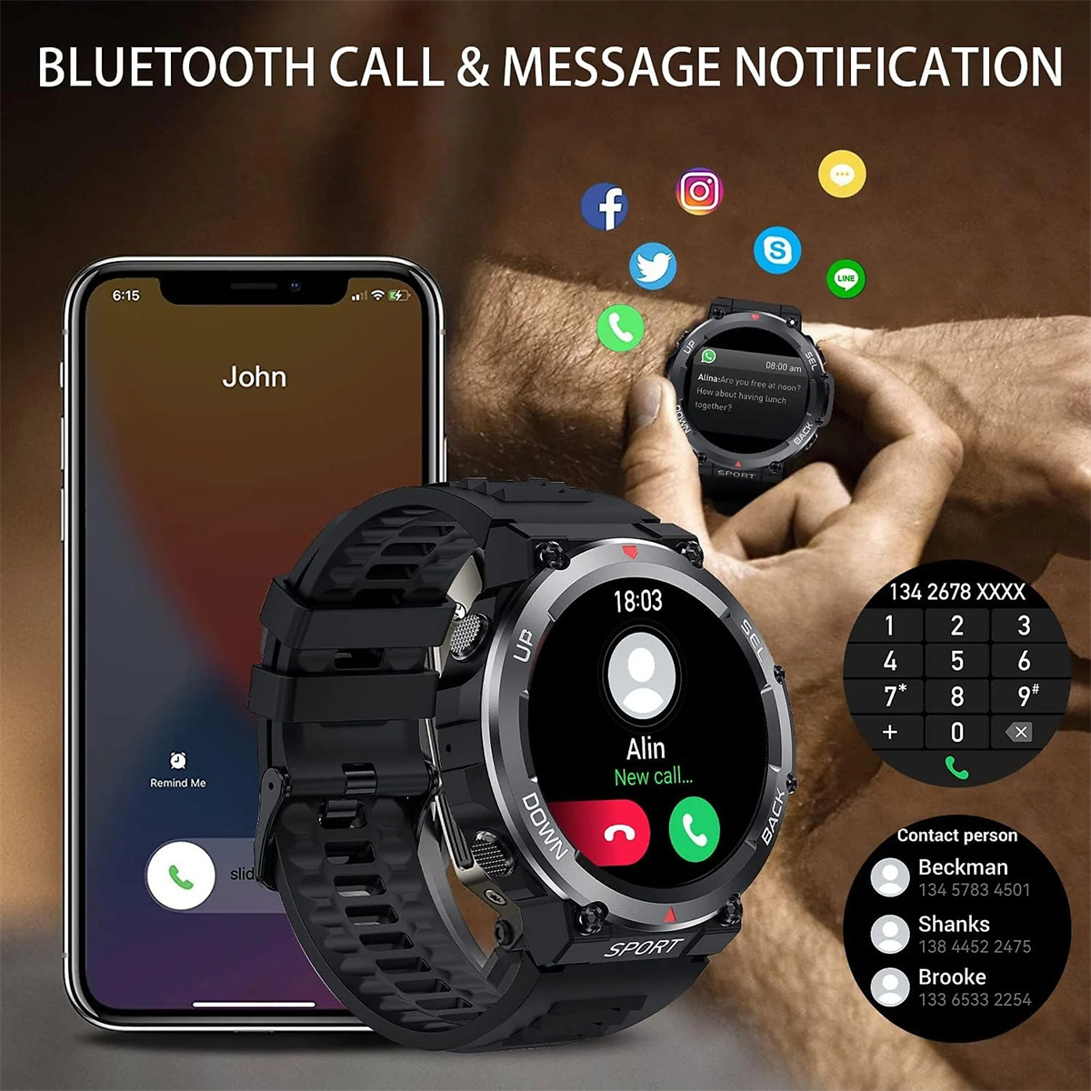 Smartwatch mit Telefonbenachrichtigungen und Kontaktdaten, schwarzes Armband.