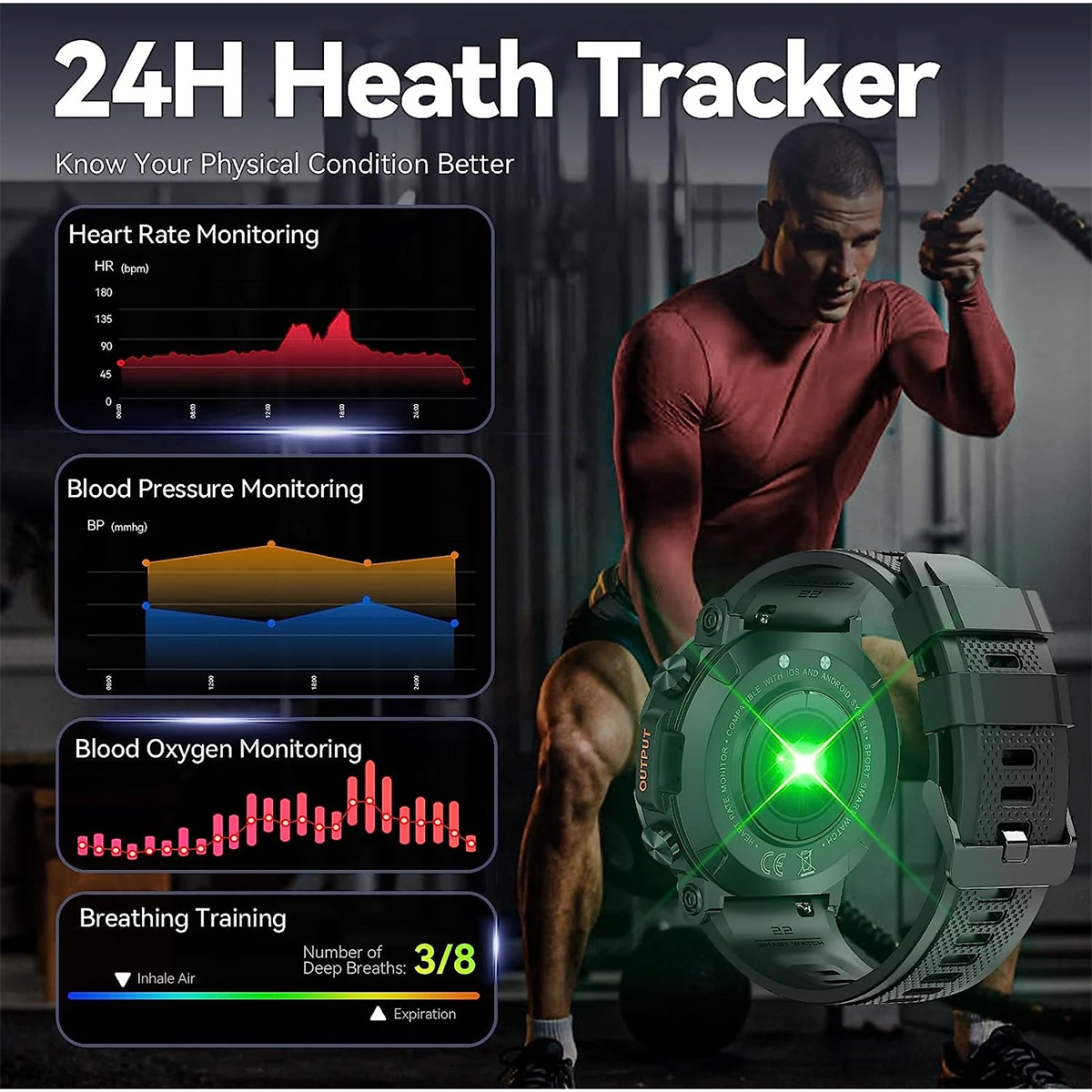 Ein Mann mit Smartwatch, die Gesundheitsdaten wie Herzfrequenz, Blutdruck und Sauerstoff anzeigt.