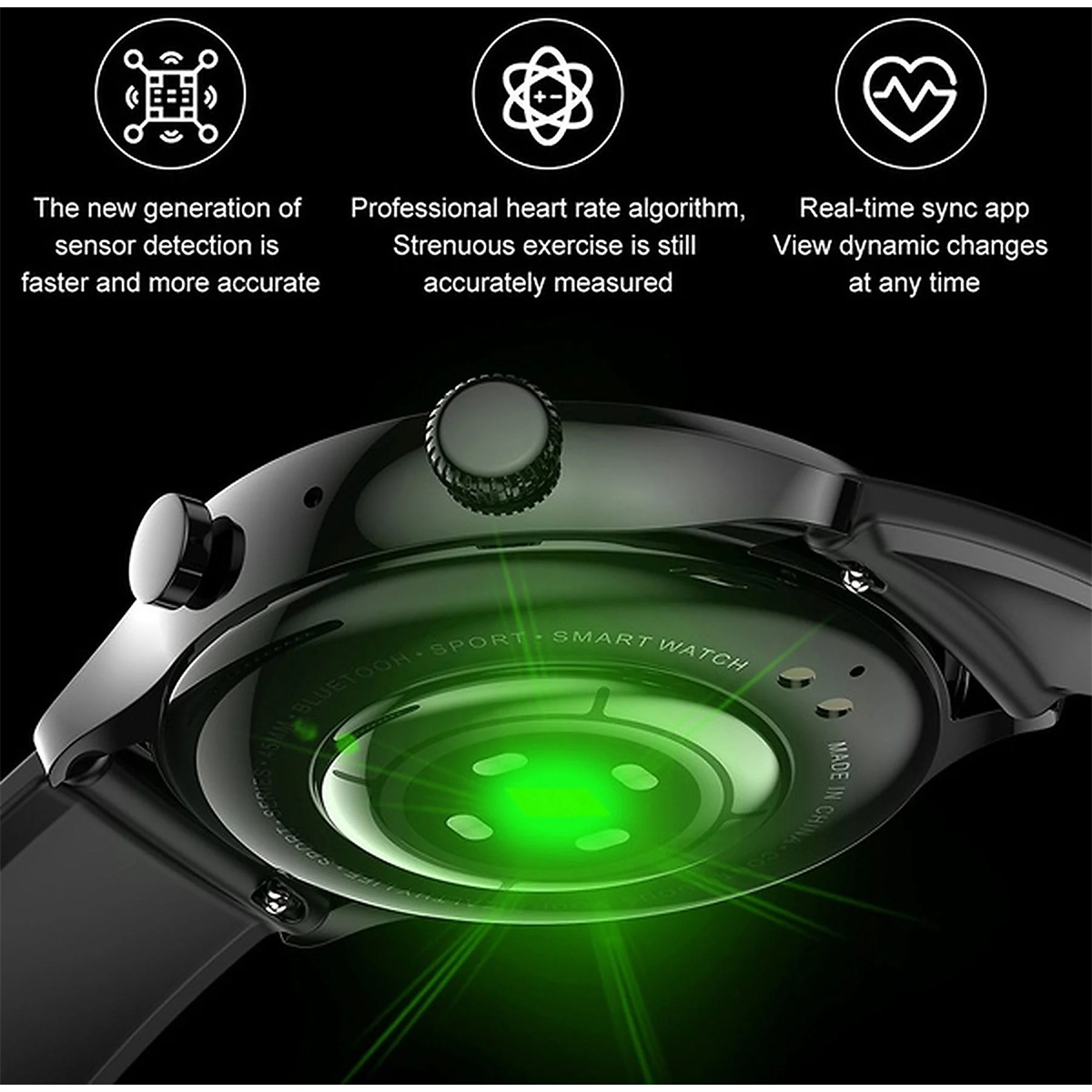 Smartwatch mit grünem Lichtsensor. Text erwähnt Sensorerkennung und Herzfrequenzanalyse.