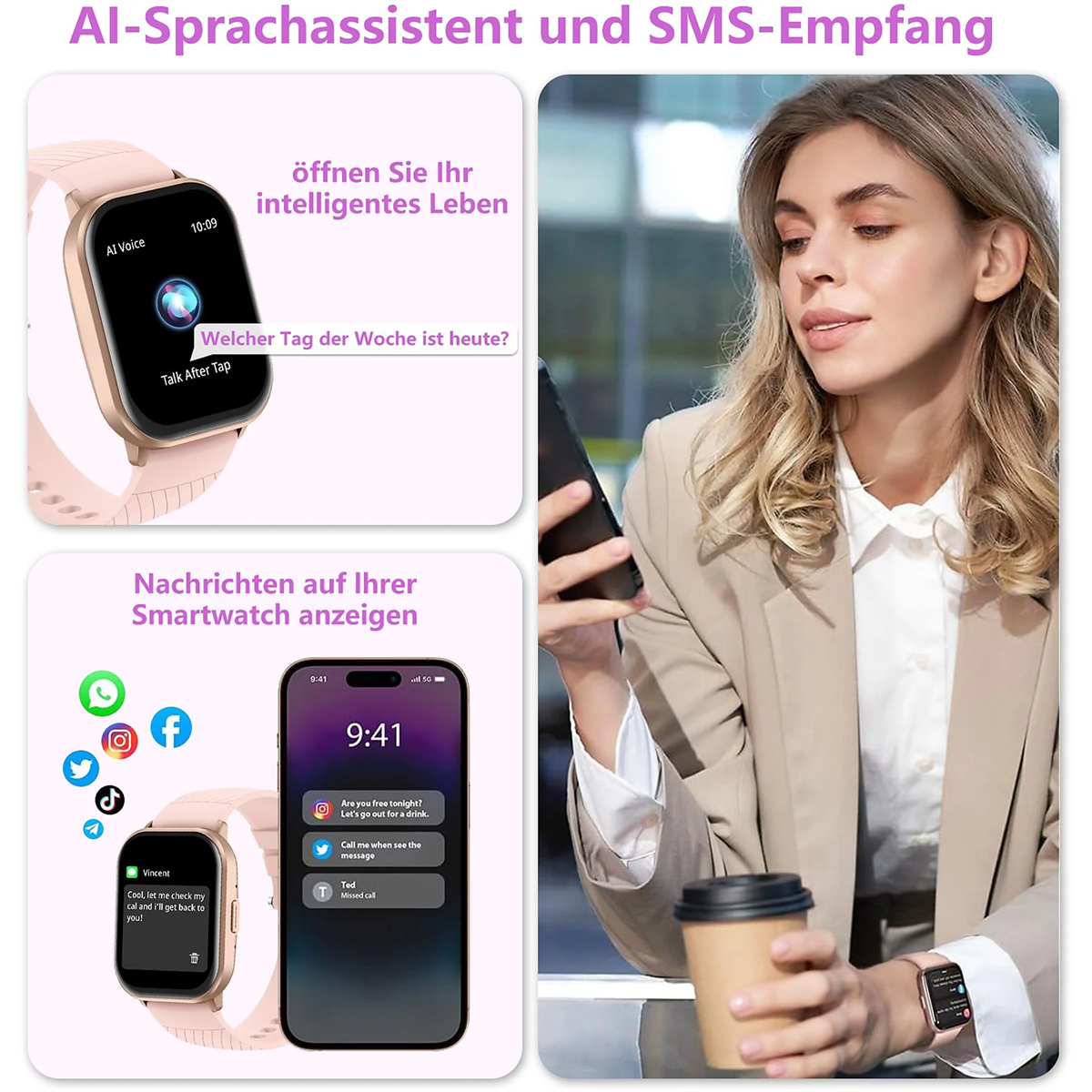 Frau nutzt Smartwatch, checkt Nachrichten. Details der Uhr und des Telefons gezeigt.
