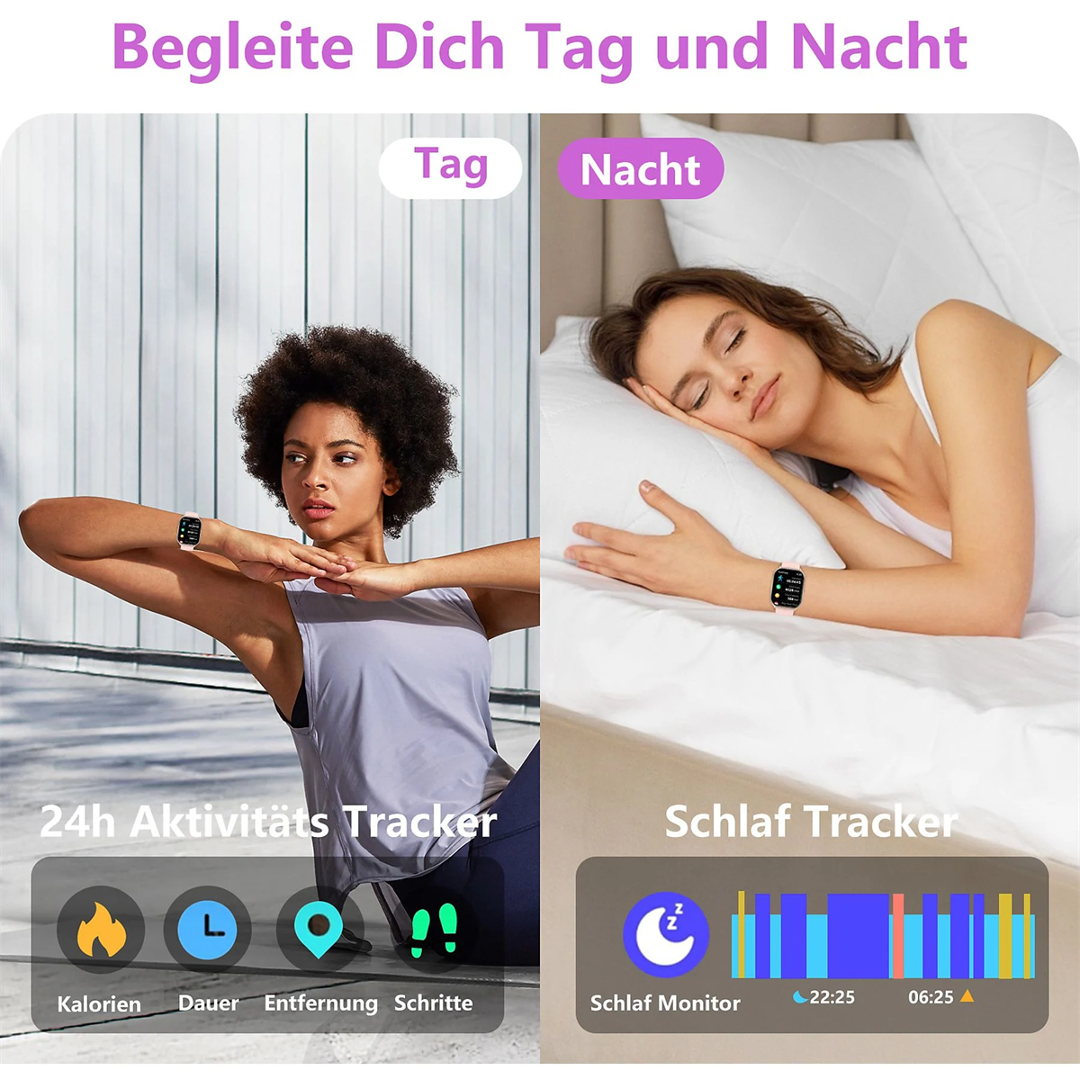 Frau beim Training, mit Smartwatch. Eine andere Frau schläft im Bett, mit derselben Uhr.