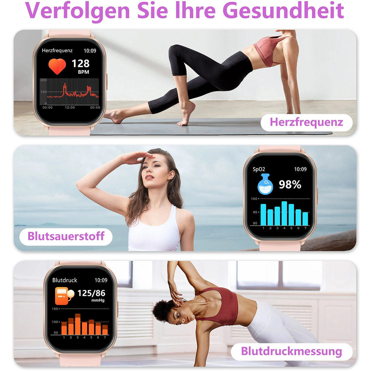 Smartwatch mit Herzfrequenz, Blutsauerstoff und Blutdruckdaten mit Fitness-Bildern.