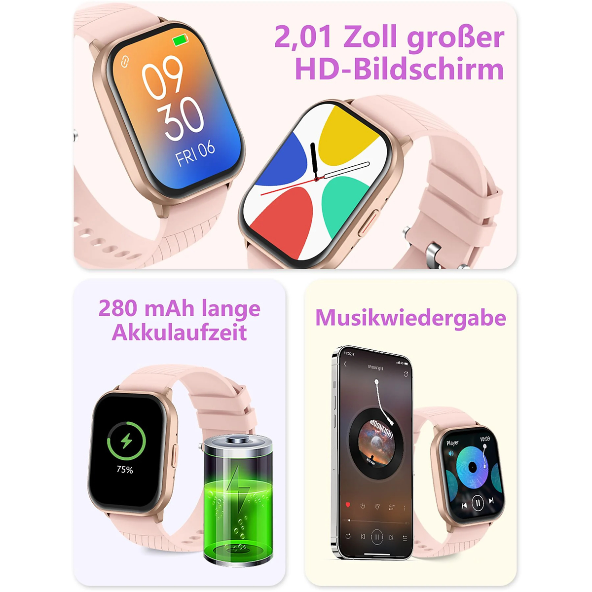 Eine Smartwatch mit mehreren Oberflächen und Akkustatus, mit einem rosa Armband.