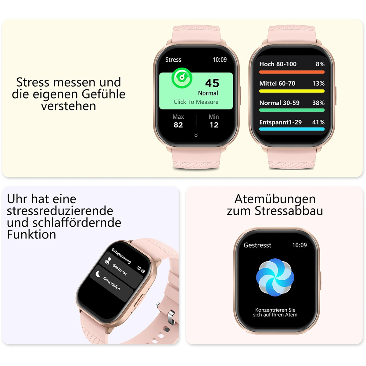 Eine Smartwatch mit Stress- und Herzfrequenzmessung. Zeigt verschiedene Datenpunkte auf dem Display.