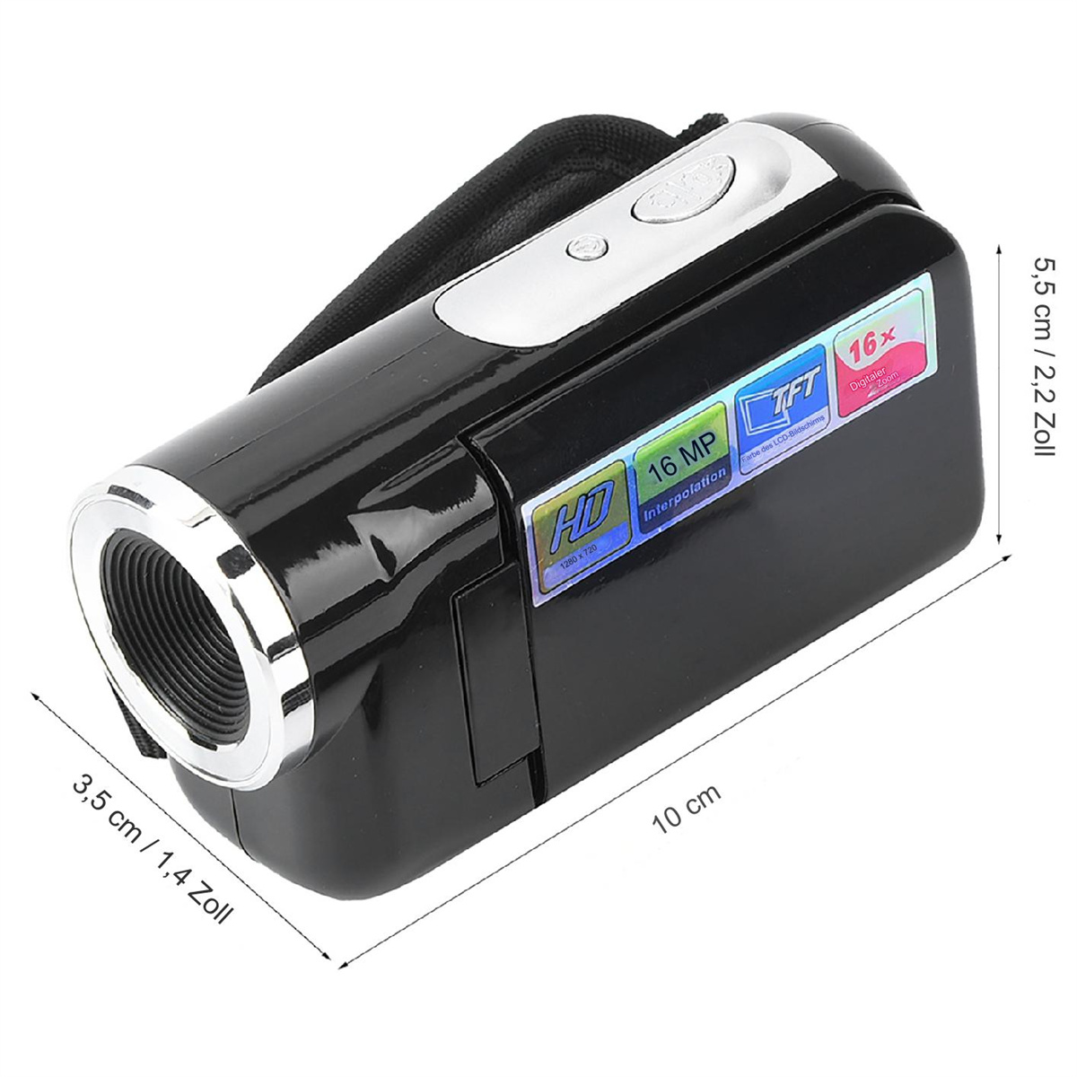 Eine schwarze Camcorder mit Abmessungen und Beschriftungen, einschließlich 'HD', '16MP' und einer Linse.