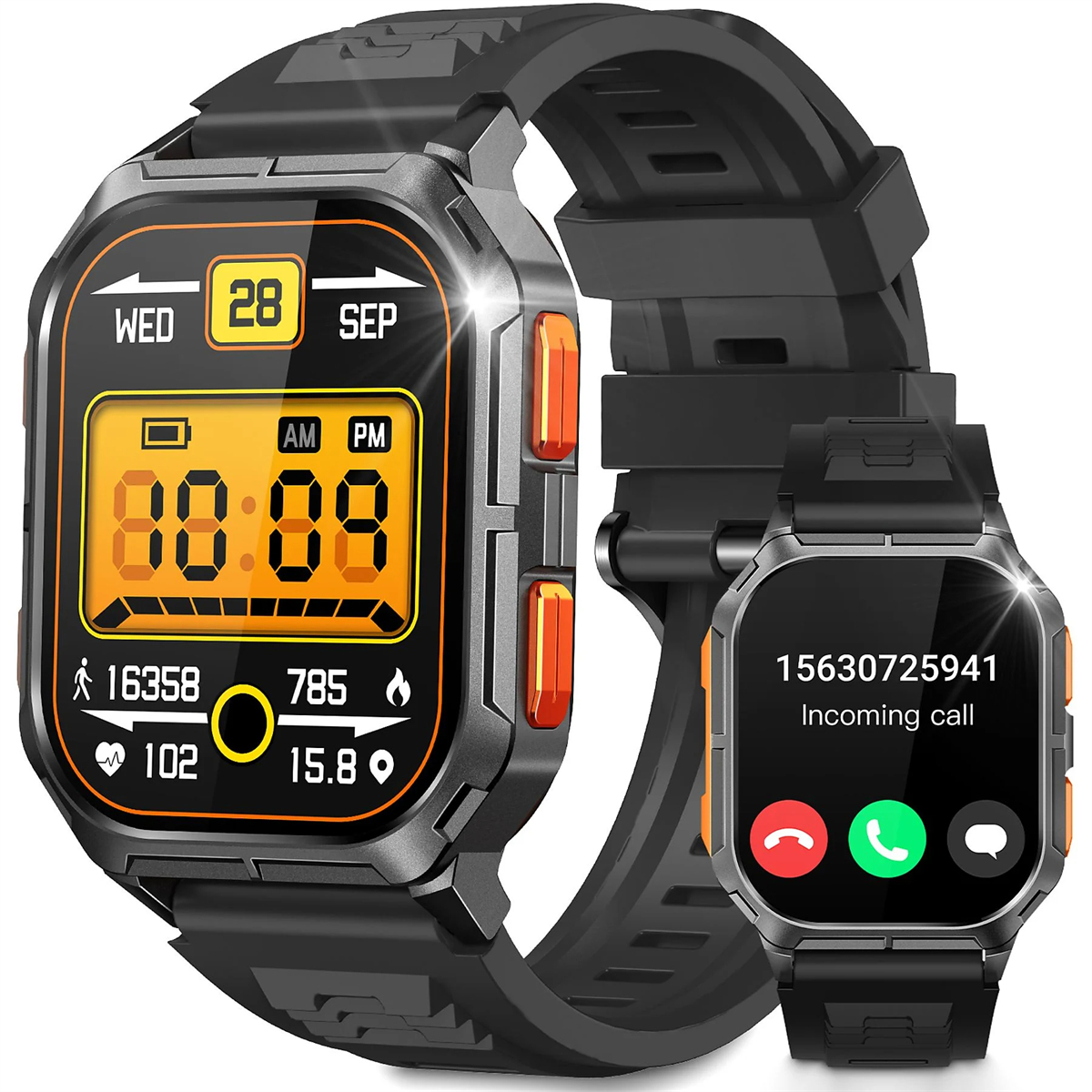 Zwei Smartwatches, eine zeigt einen Anrufbildschirm, die andere Datum, Uhrzeit und Statistiken. Schwarze Armbänder.