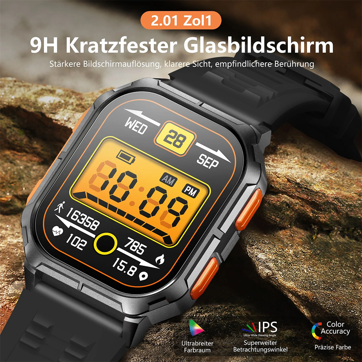 Smartwatch mit schwarzem Armband, orangen Details und digitaler Anzeige von Zeit, Datum und Gesundheitsdaten.