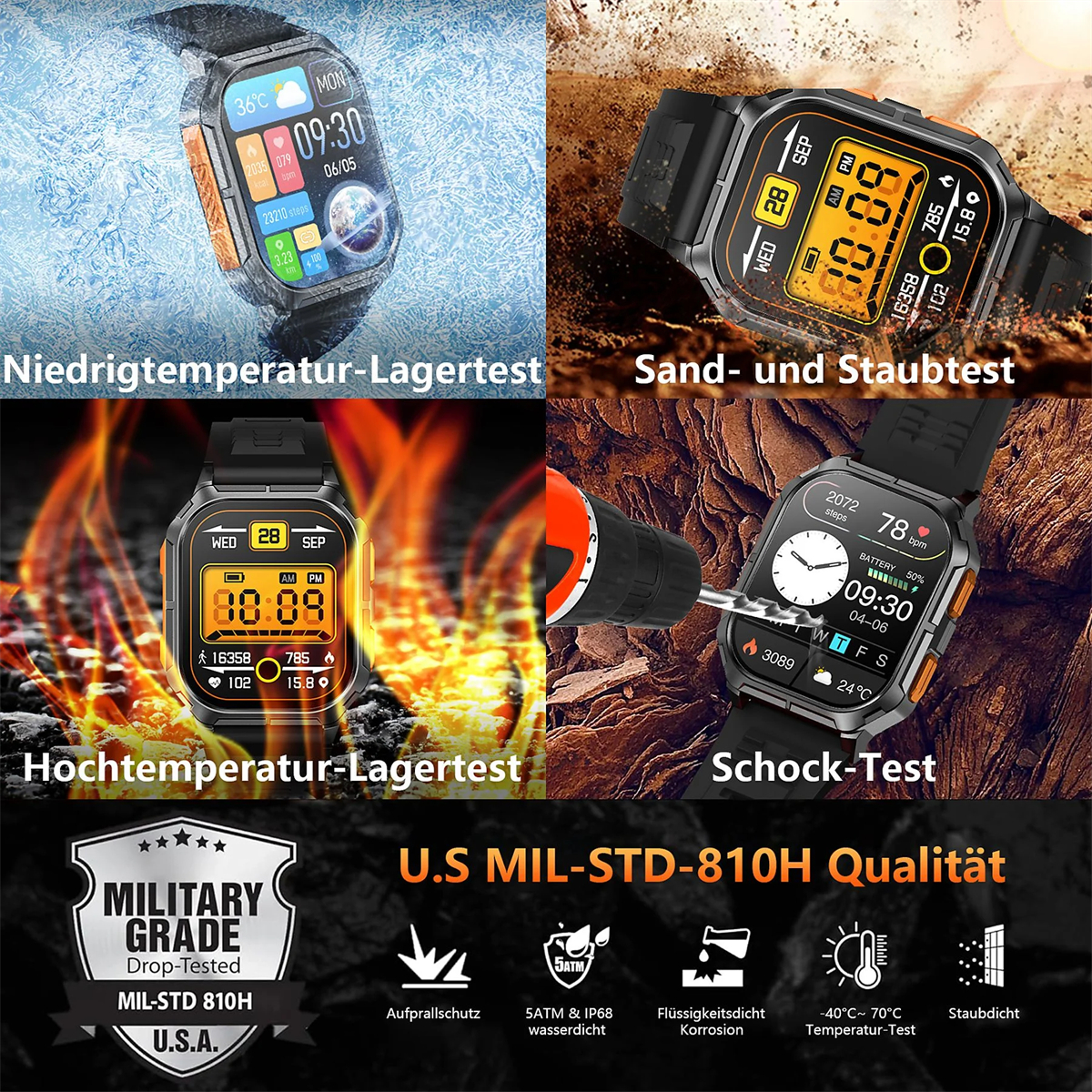 Vier Smartwatches zeigen verschiedene Tests: Niedrigtemperatur, Sand- und Staub, Hochtemperatur und Schock. Deutsche Beschriftung.