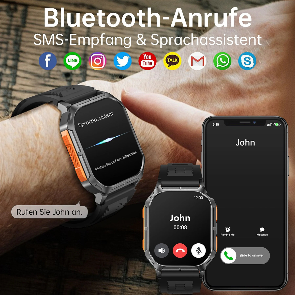 Eine Smartwatch mit einem Telefon, das einen Anruf anzeigt. Symbole für Social-Media-Apps.