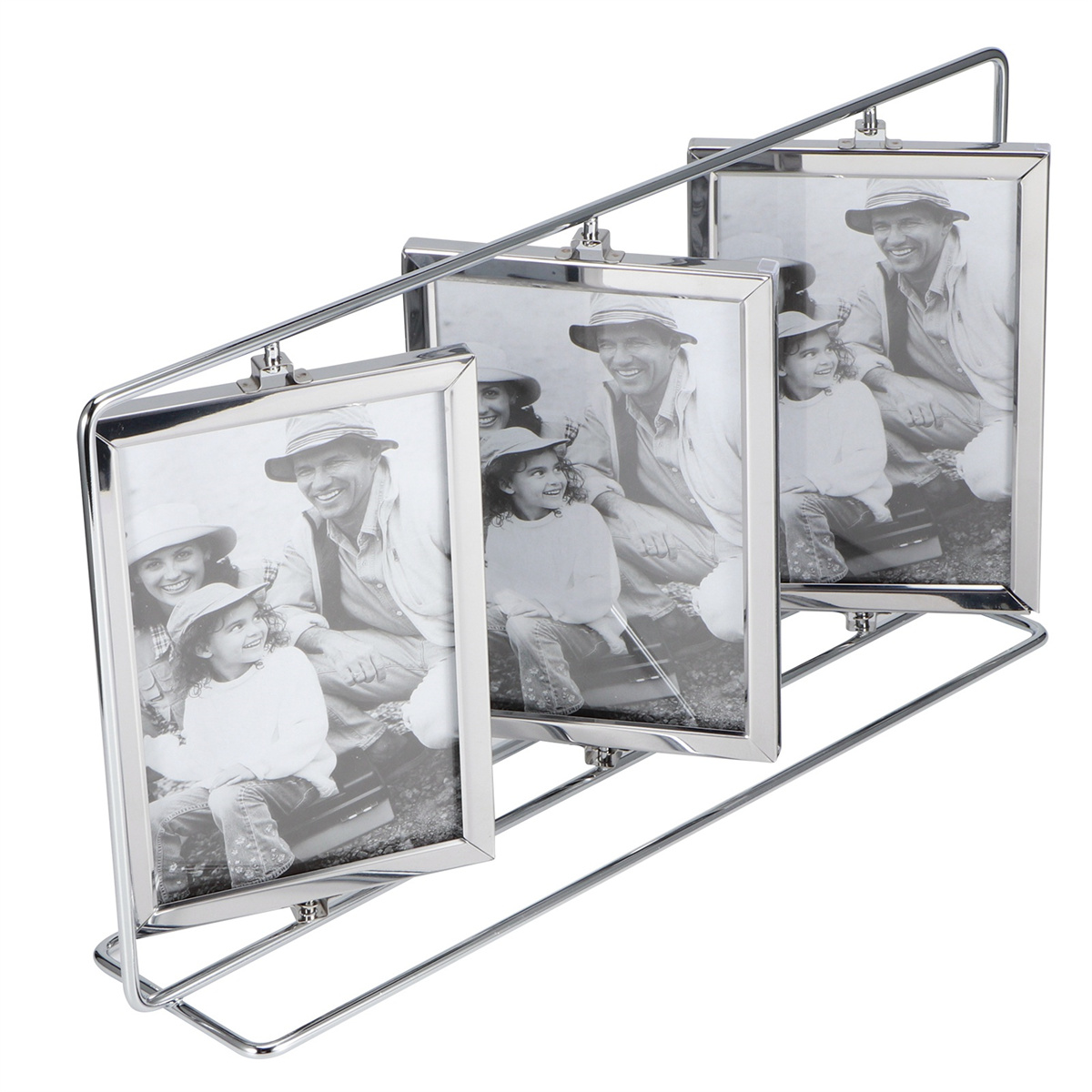 Silberne Fotorahmen in einer Reihe. Jeder Rahmen enthält ein Schwarz-Weiß-Familienfoto.