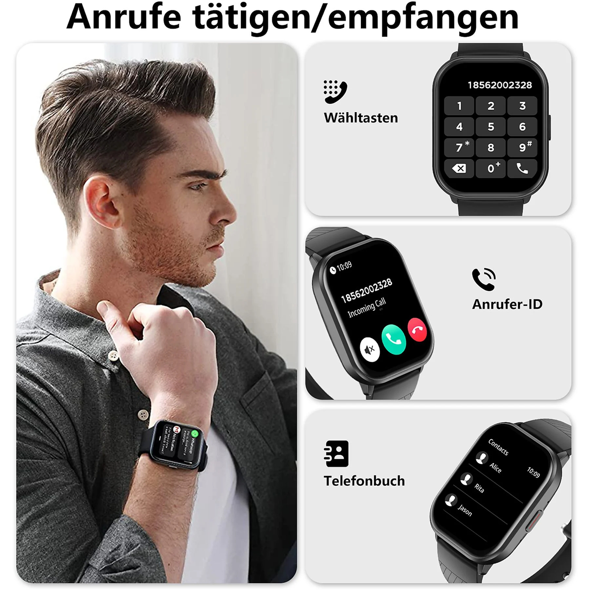 Bild zeigt einen Mann, der eine Smartwatch benutzt und Funktionen anzeigt. Die Uhr hat ein schwarzes Armband.