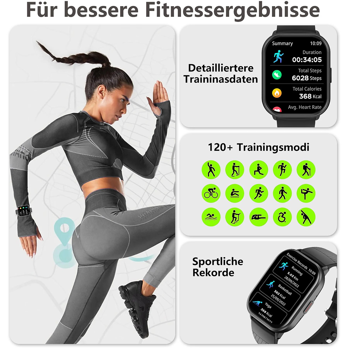 Frau trainiert, Smartwatch zeigt Trainingsdaten, mit verschiedenen Trainingsmodi.
