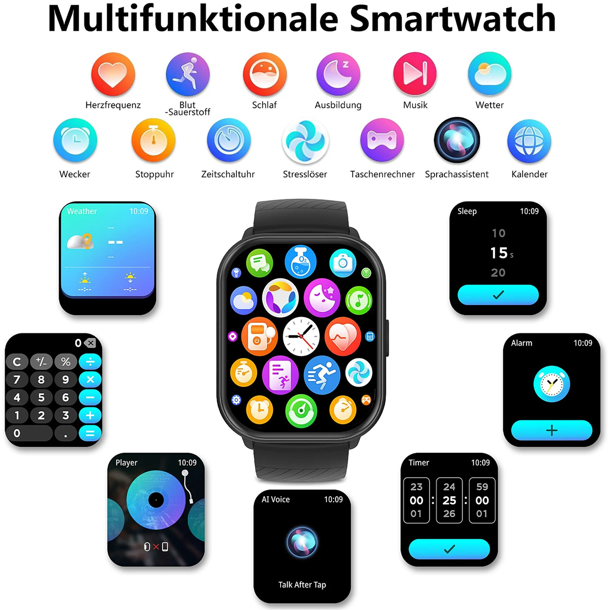 Smartwatch-Oberfläche mit Symbolen für verschiedene Funktionen, darunter Gesundheit und Zeitmessung.