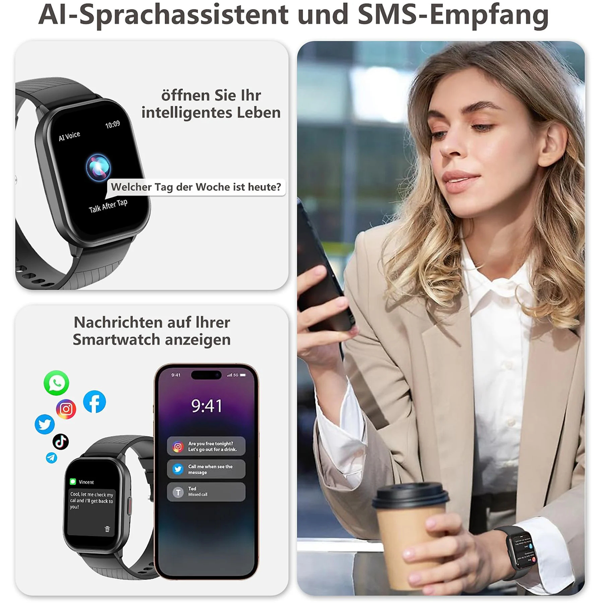 Frau mit Smartwatch, die App-Symbole und Nachrichten zeigt.