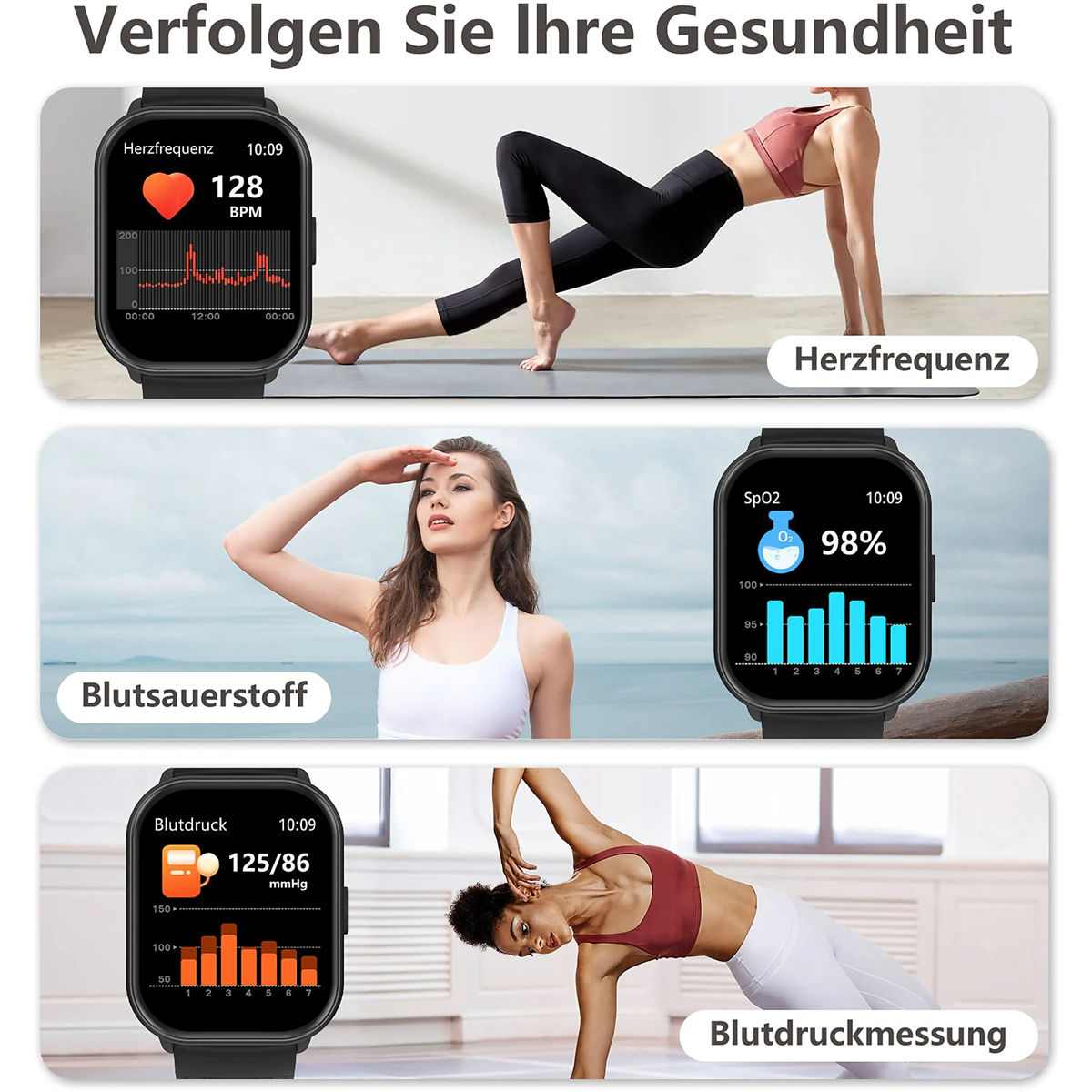Smartwatch-Bildschirme, die Gesundheitsmetriken anzeigen. Die Uhr zeigt Herzfrequenz, SpO2 und Blutdruckmessungen.