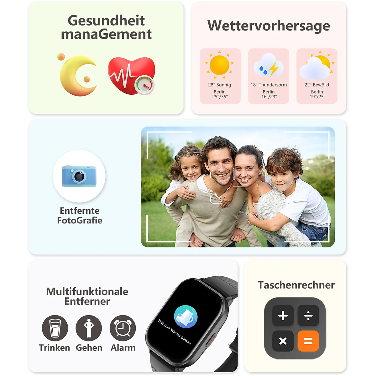 Smartwatch mit Gesundheits-, Wetter-, Familien- und Taschenrechner-Symbolen.