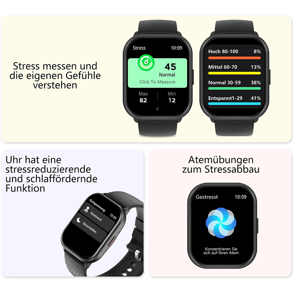 Eine Smartwatch zeigt Stresslevel und andere relevante Daten an.