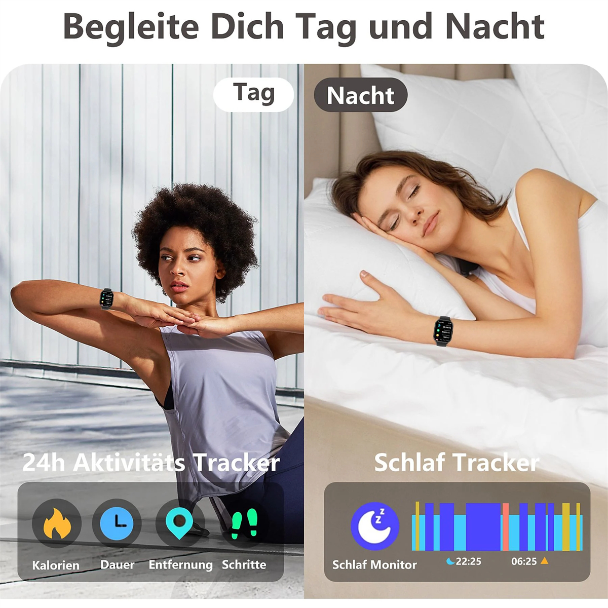 Eine Frau beim Training und eine Frau beim Schlafen mit einer Smartwatch, mit Text.