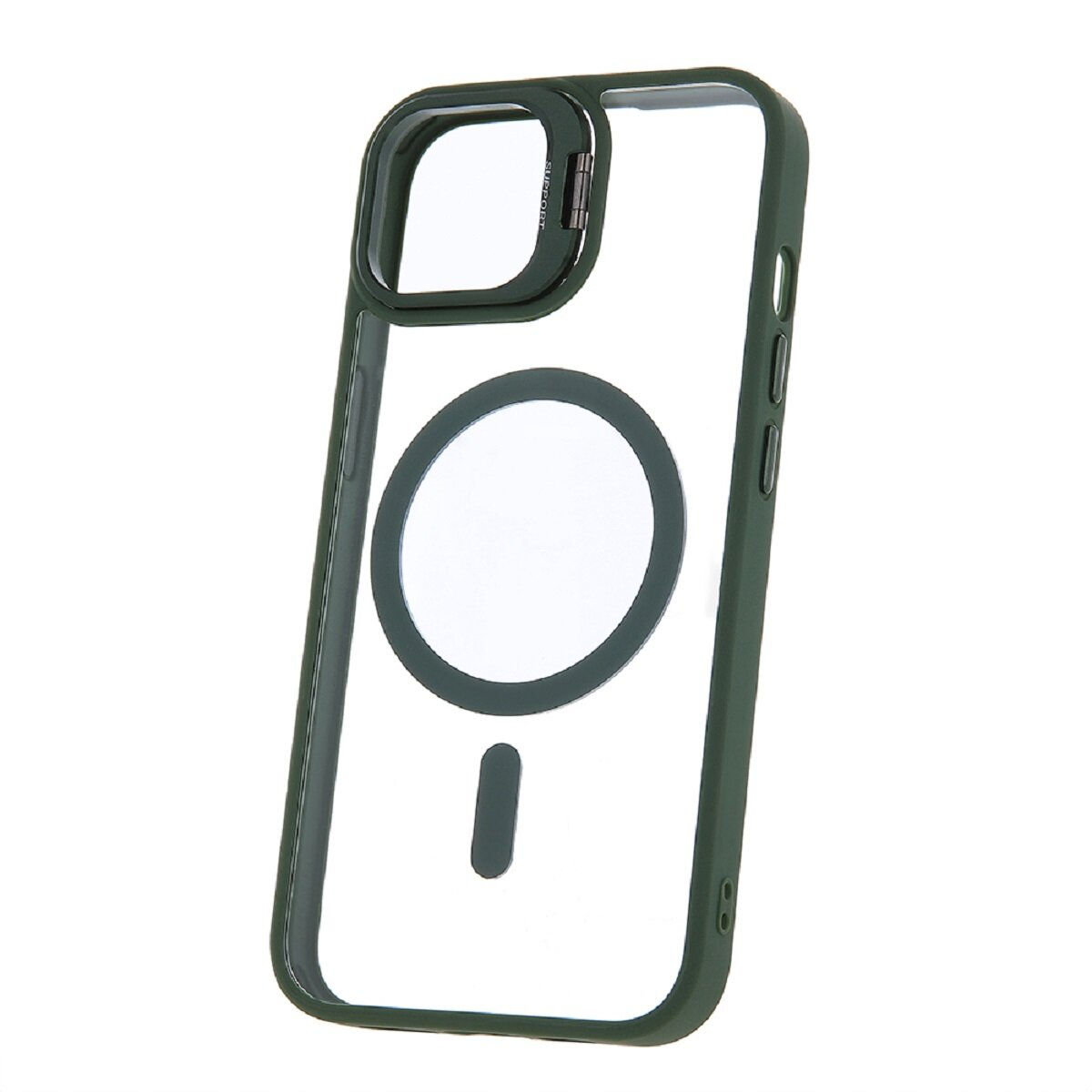 Custodia per telefono verde con retro trasparente e un cerchio per un caricatore magsafe.