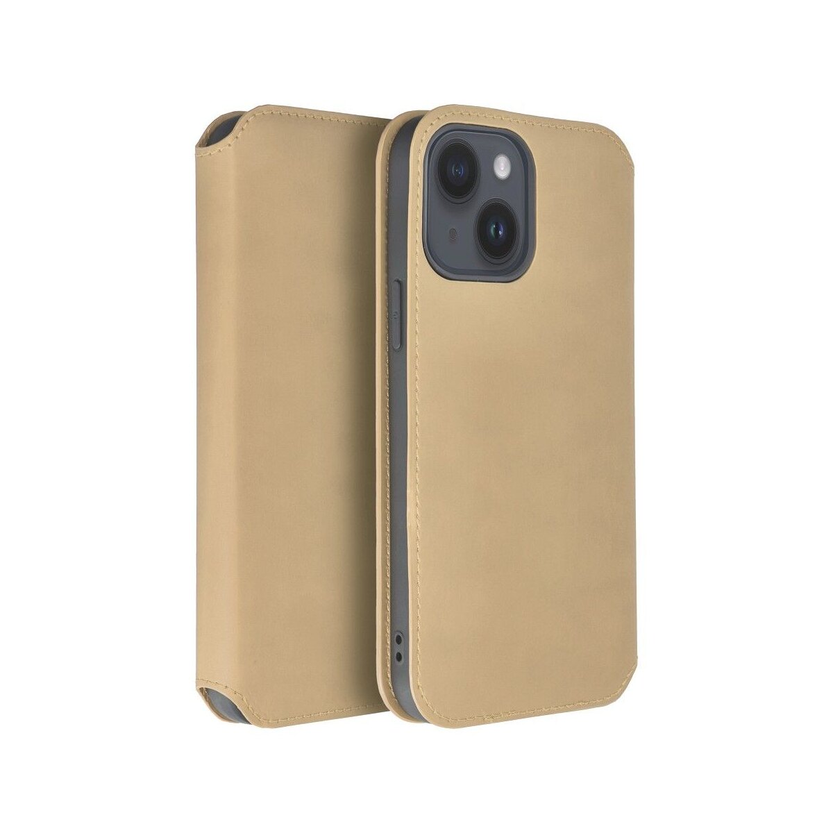 Una custodia per telefono beige che si apre come un libro. L'interno mostra il telefono.