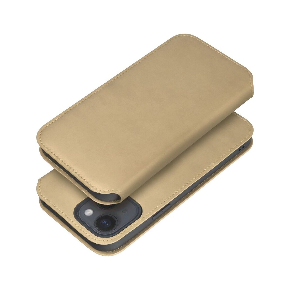 Una custodia per telefono in pelle beige chiusa con un telefono dentro.