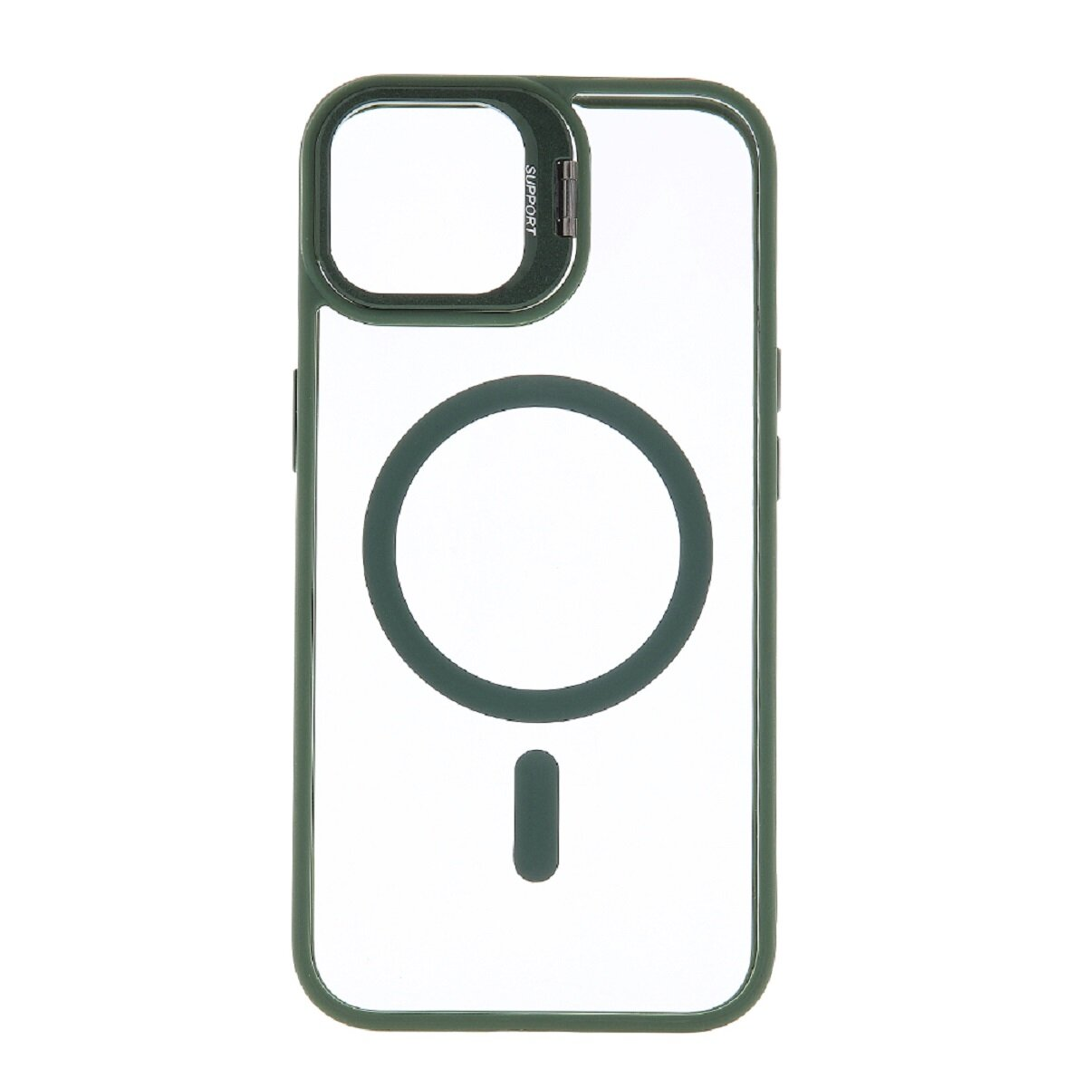 Una custodia trasparente per iPhone con cornice verde e un dettaglio a cerchio nero su sfondo bianco.