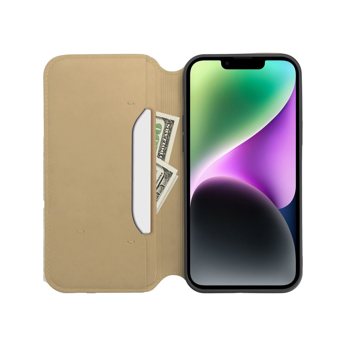 Una custodia per telefono aperta con un telefono all'interno e alcune banconote da un dollaro. La custodia è beige e il telefono ha una cornice nera.