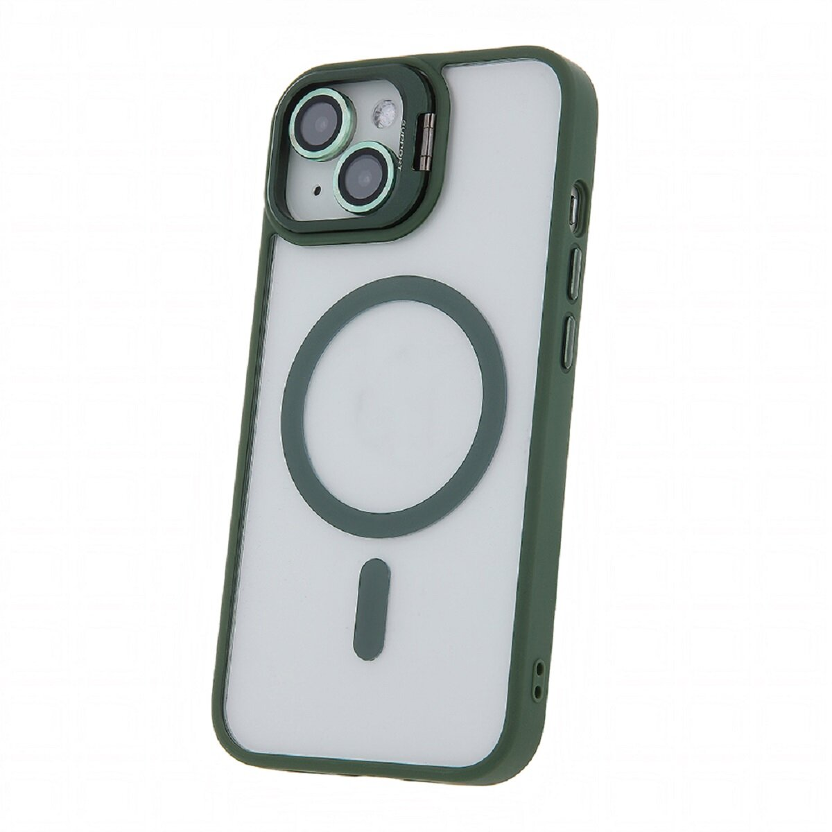 Custodia verde per telefono con anello magnetico e lenti della fotocamera.