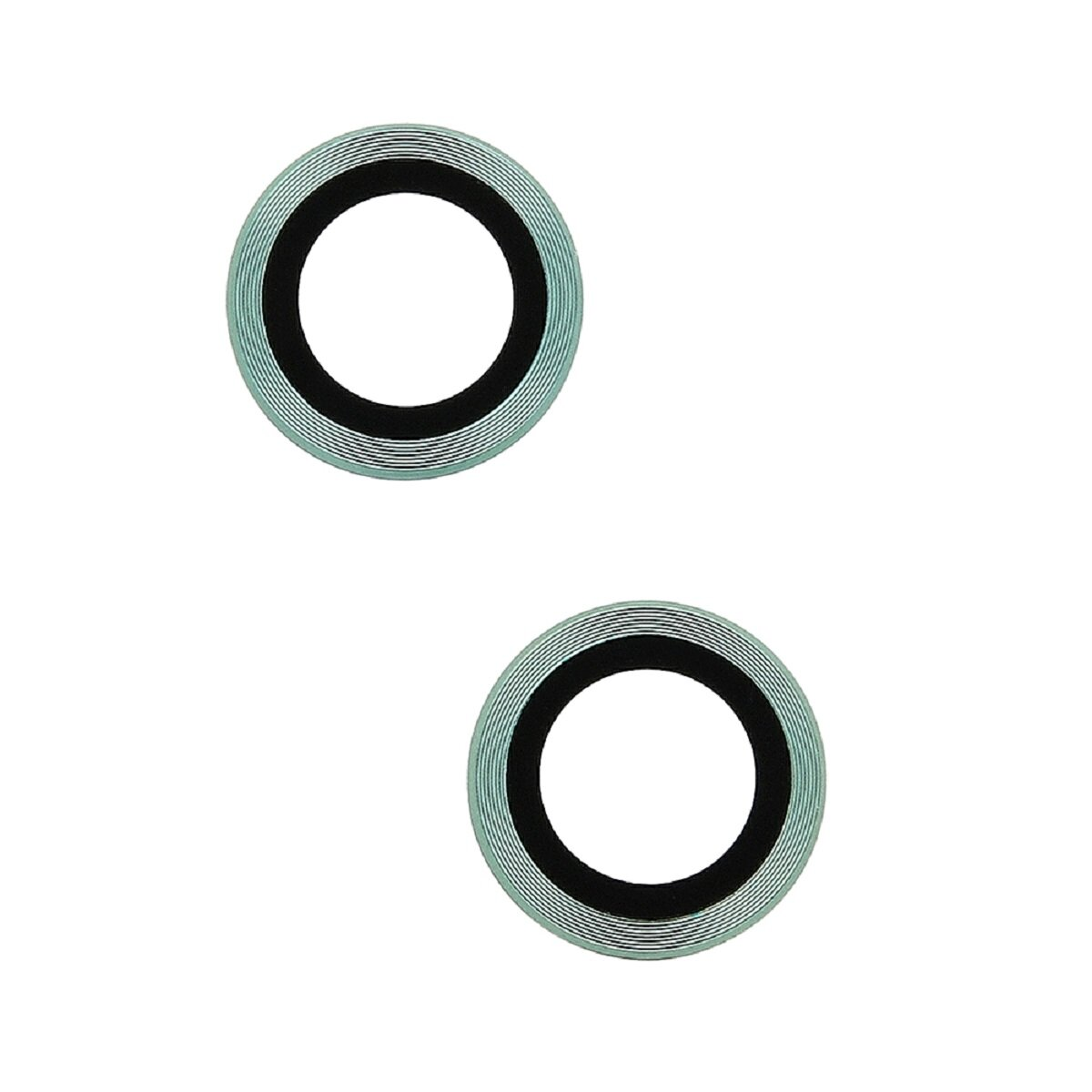 Due protezioni per lenti, trasparenti con un anello nero all'interno. Sfondo bianco.