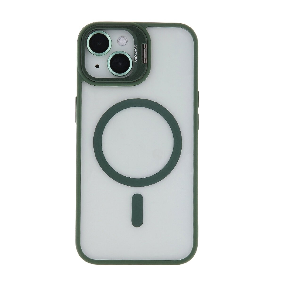 Una custodia per telefono con cornice verde con anello magnetico e protezione fotocamera. La custodia ha il retro trasparente.