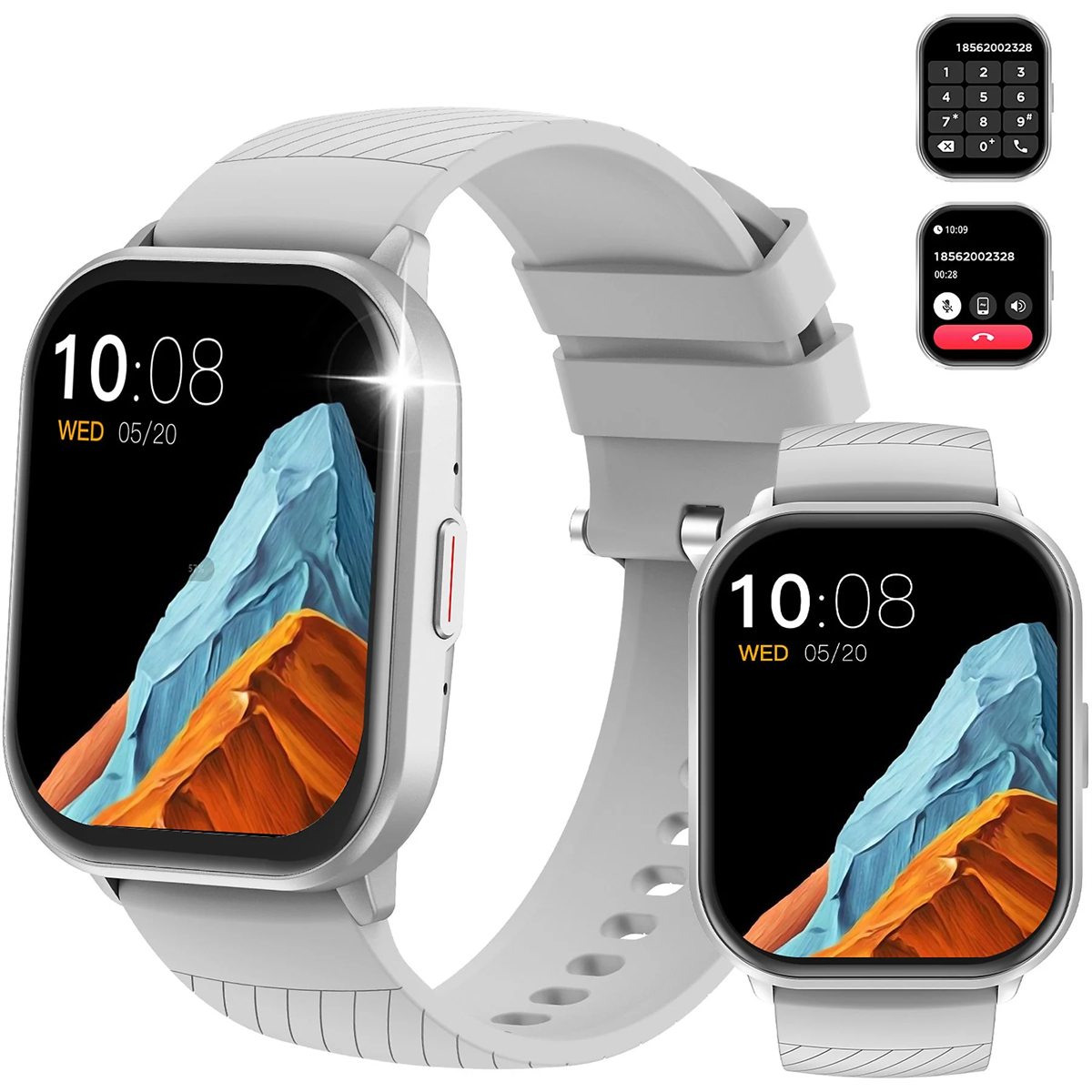 Graue Smartwatch mit schwarzem Bildschirm, der die Uhrzeit und einen Telefonbildschirm anzeigt.