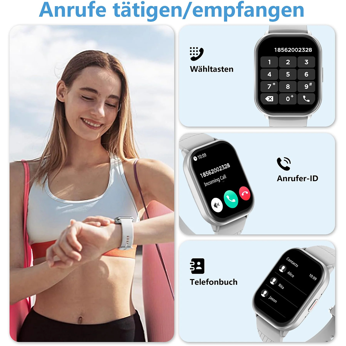 Eine Frau mit einer Smartwatch, mit Anruf- und Telefonbuchinformationen auf dem Bildschirm.