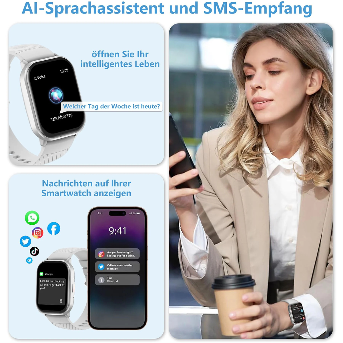 Frau benutzt Smartwatch und Smartphone. Smartwatch- und Telefonbildschirme sind sichtbar.