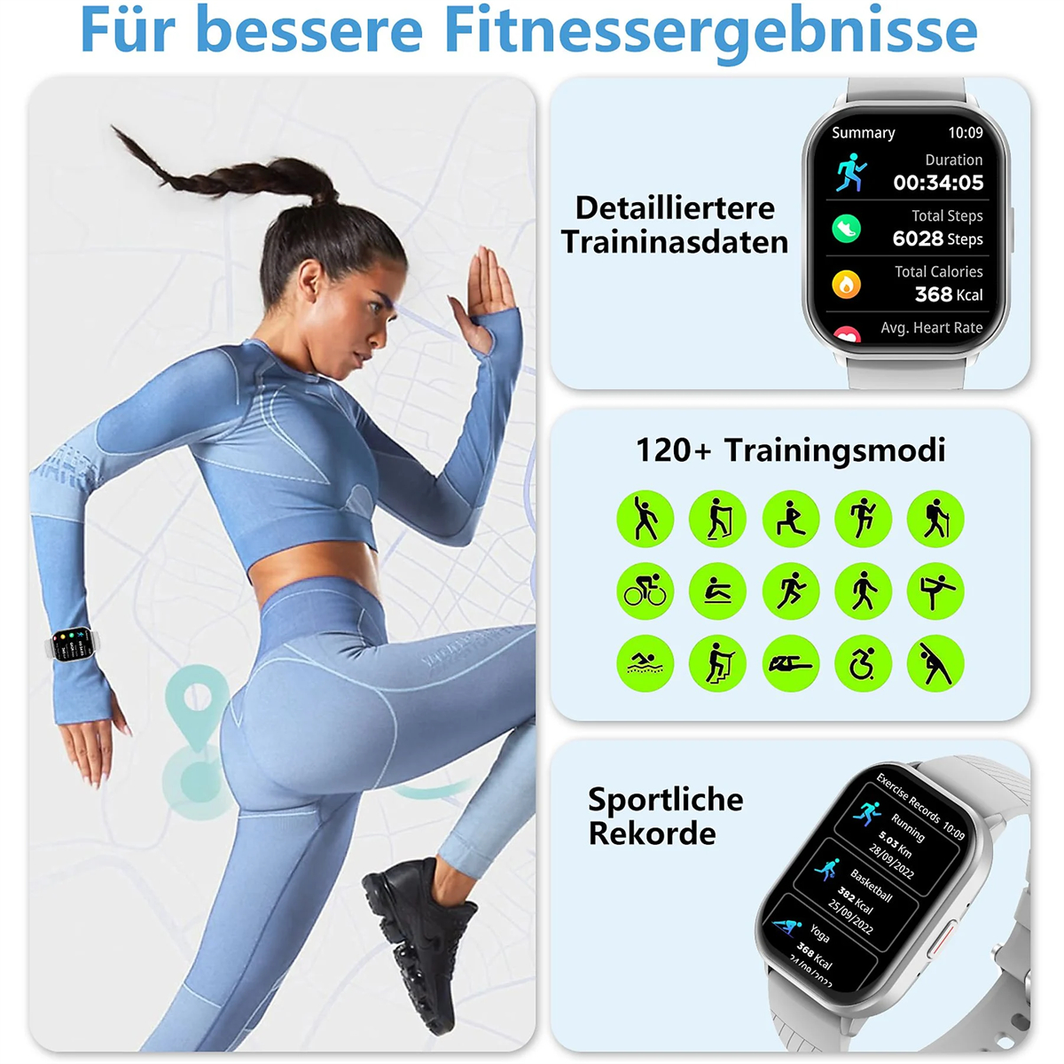 Frau trainiert mit Smartwatch, mit Fitness-Daten-Diagrammen und Trainingsmodus-Symbolen.