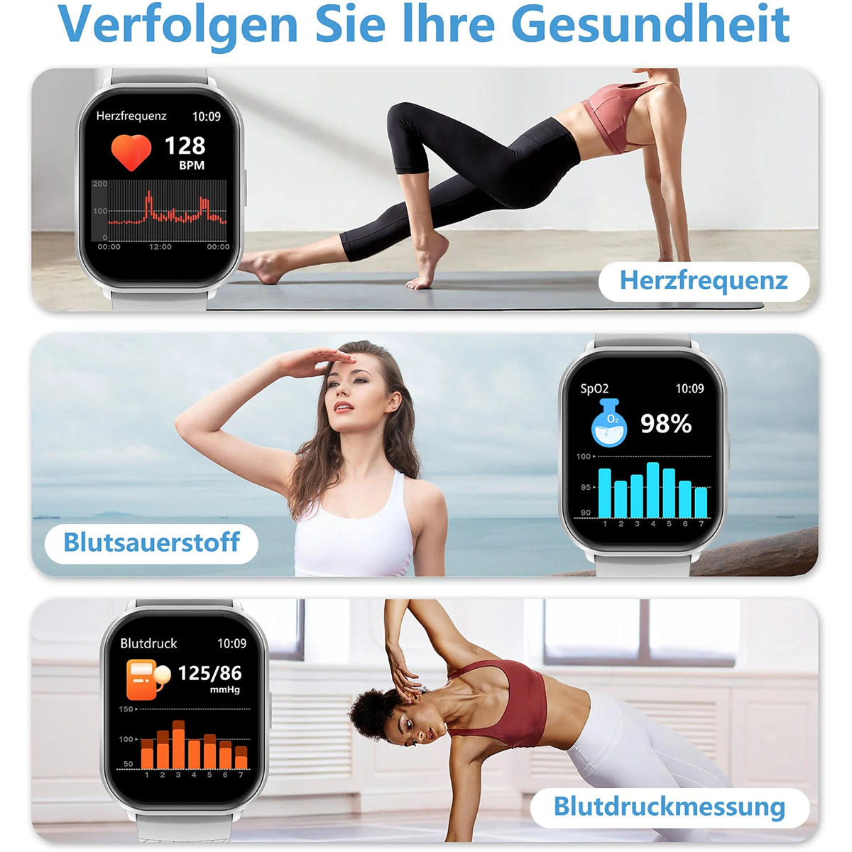 Drei Bilder, die Frauen zeigen, die Gesundheitsmetriken auf einer Smartwatch überwachen.