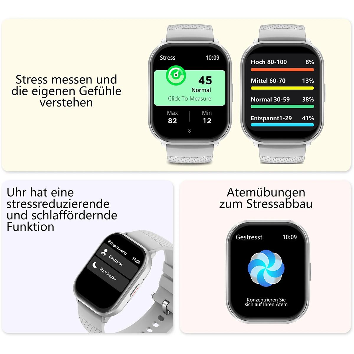 Smartwatches, die Stresslevel anzeigen. Text: 'Stress messen' und 'Atemübungen zum Stressabbau'.