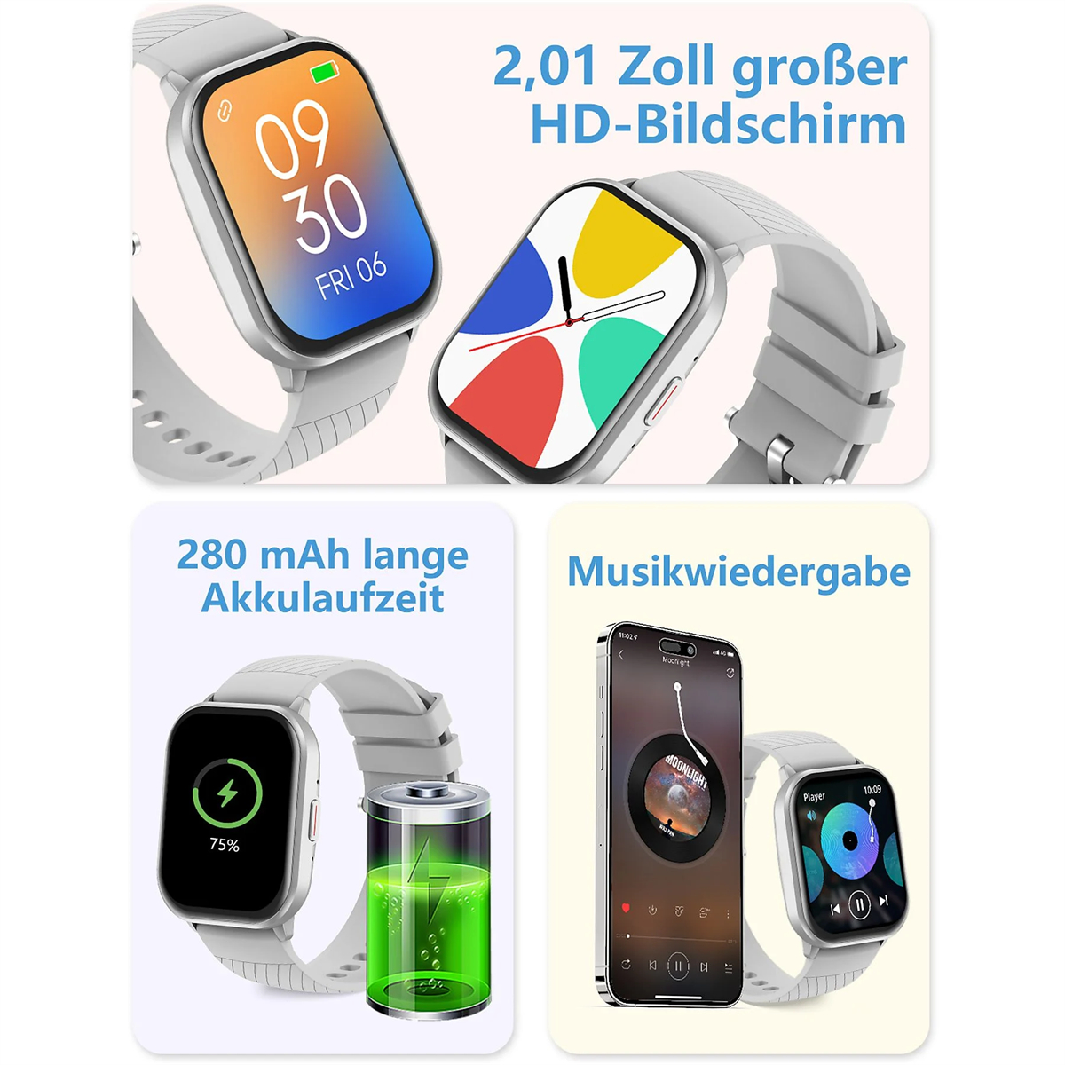 Smartwatch mit grauem Armband zeigt Uhrzeit und einen farbenfrohen Bildschirm.