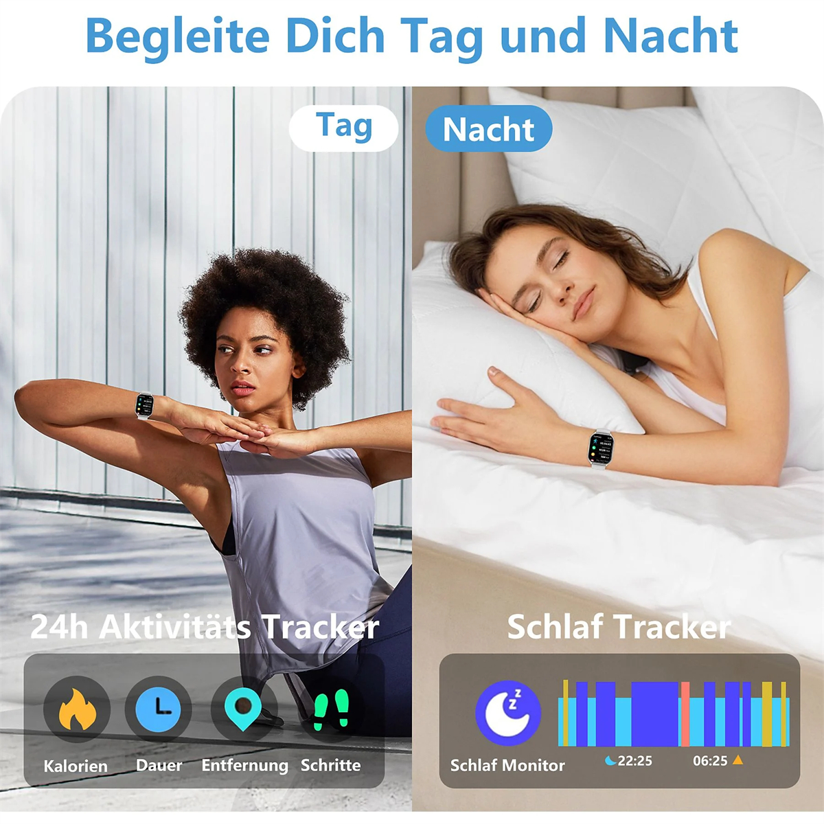Zwei Personen, eine wach, eine schlafend, mit Smartwatches und Daten.
