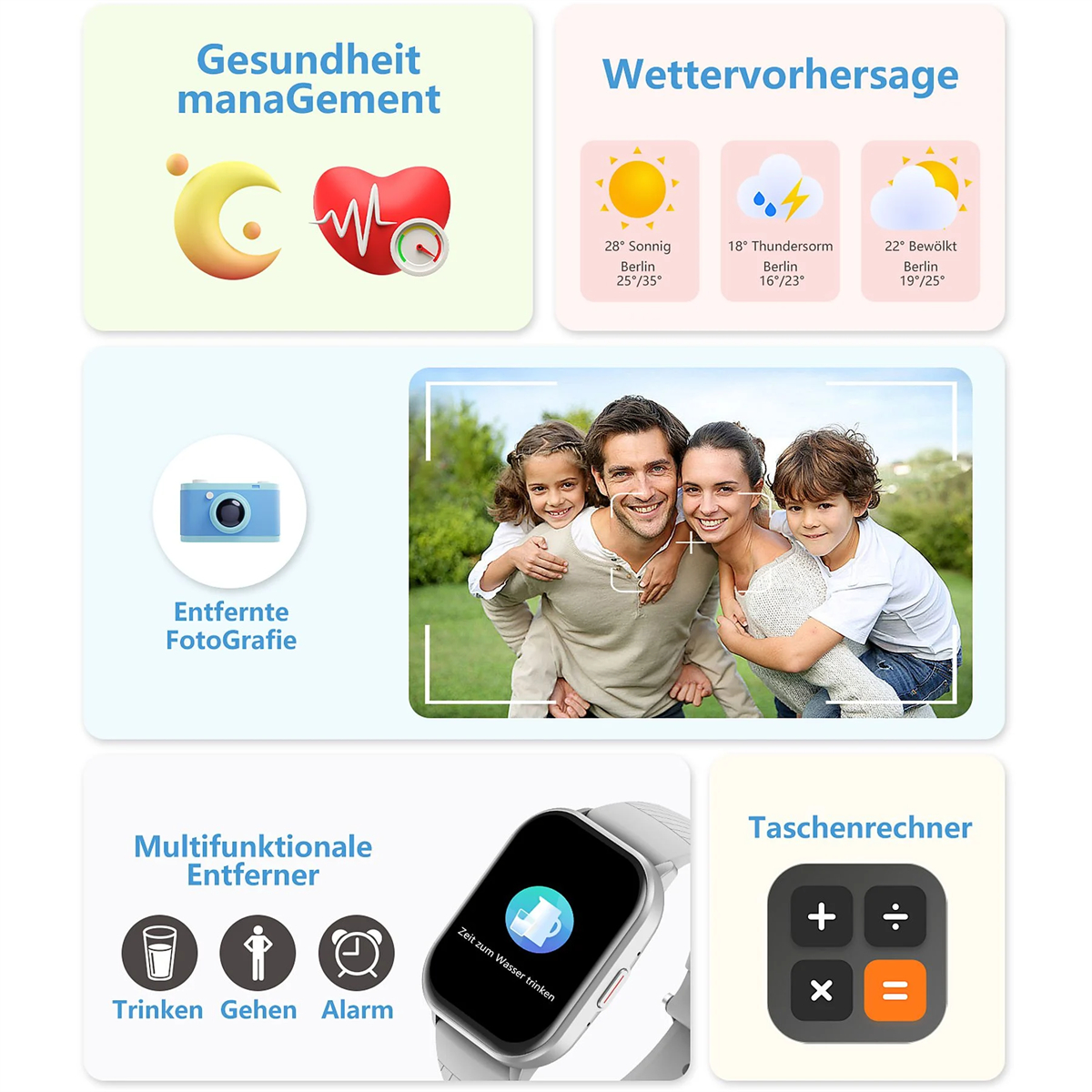 Eine Smartwatch mit Gesundheits-, Wetter-, Familienfoto- und Rechner-Apps, mit Symbolen und Text.