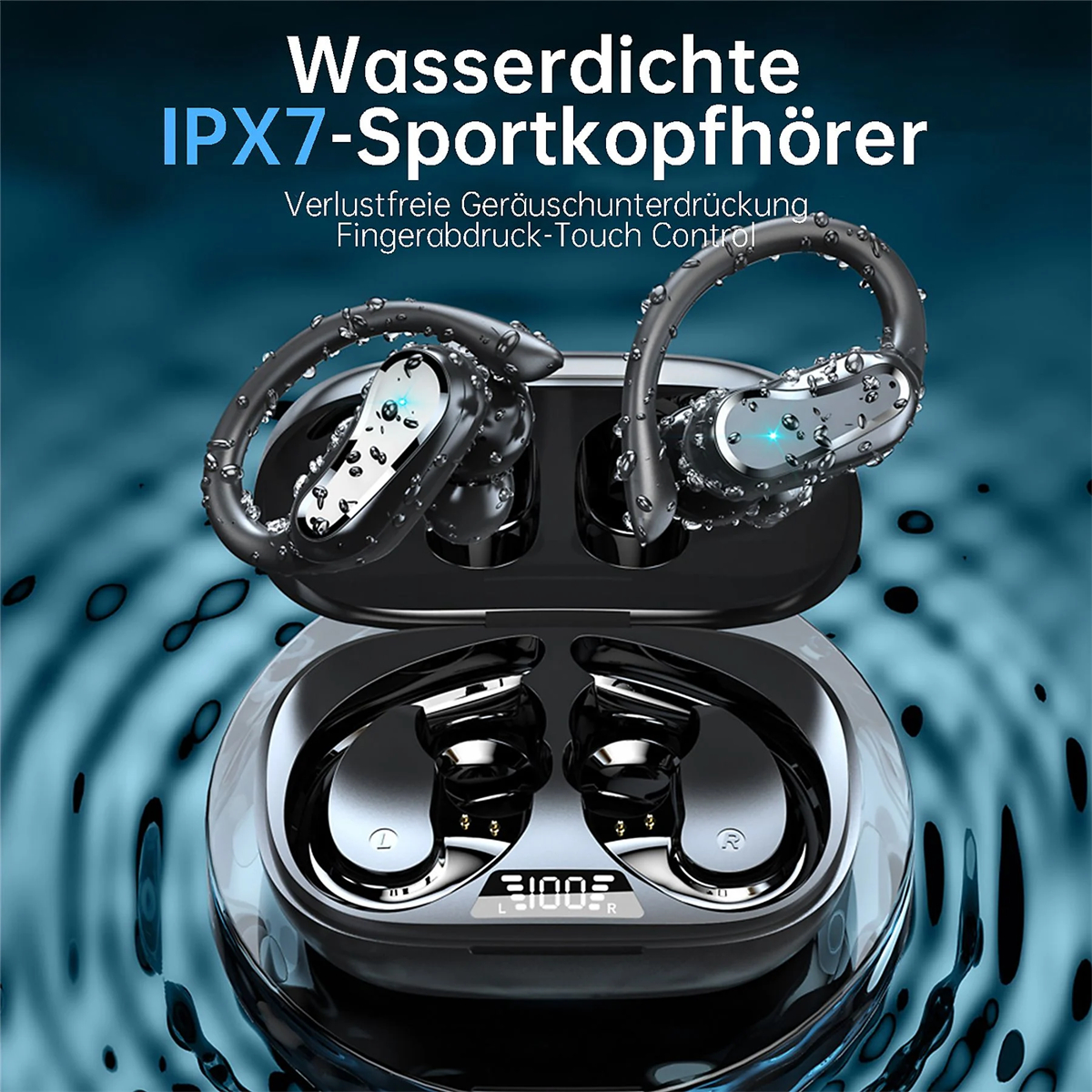 Schwarze kabellose Ohrhörer in einem Ladecase. Text oben: Wasserdicht IPX7-Sportkopfhörer. Schwarz.
