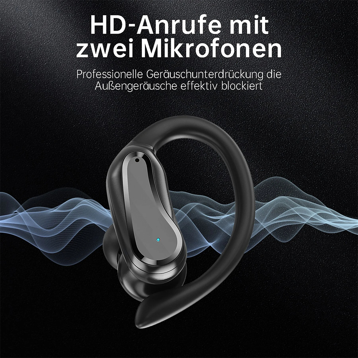 Ein schwarzer kabelloser Ohrhörer mit gebogenem Ohrhaken. Der Hintergrund enthält Text über HD-Anrufe mit zwei Mikros.