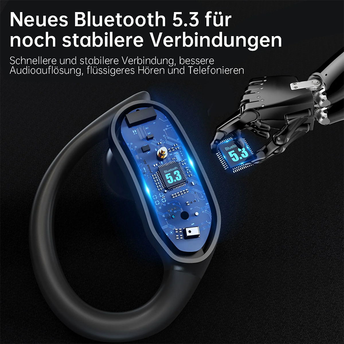 Ohrhörer mit blauer Schaltung, schwarzem Kabel, Roboterhand.